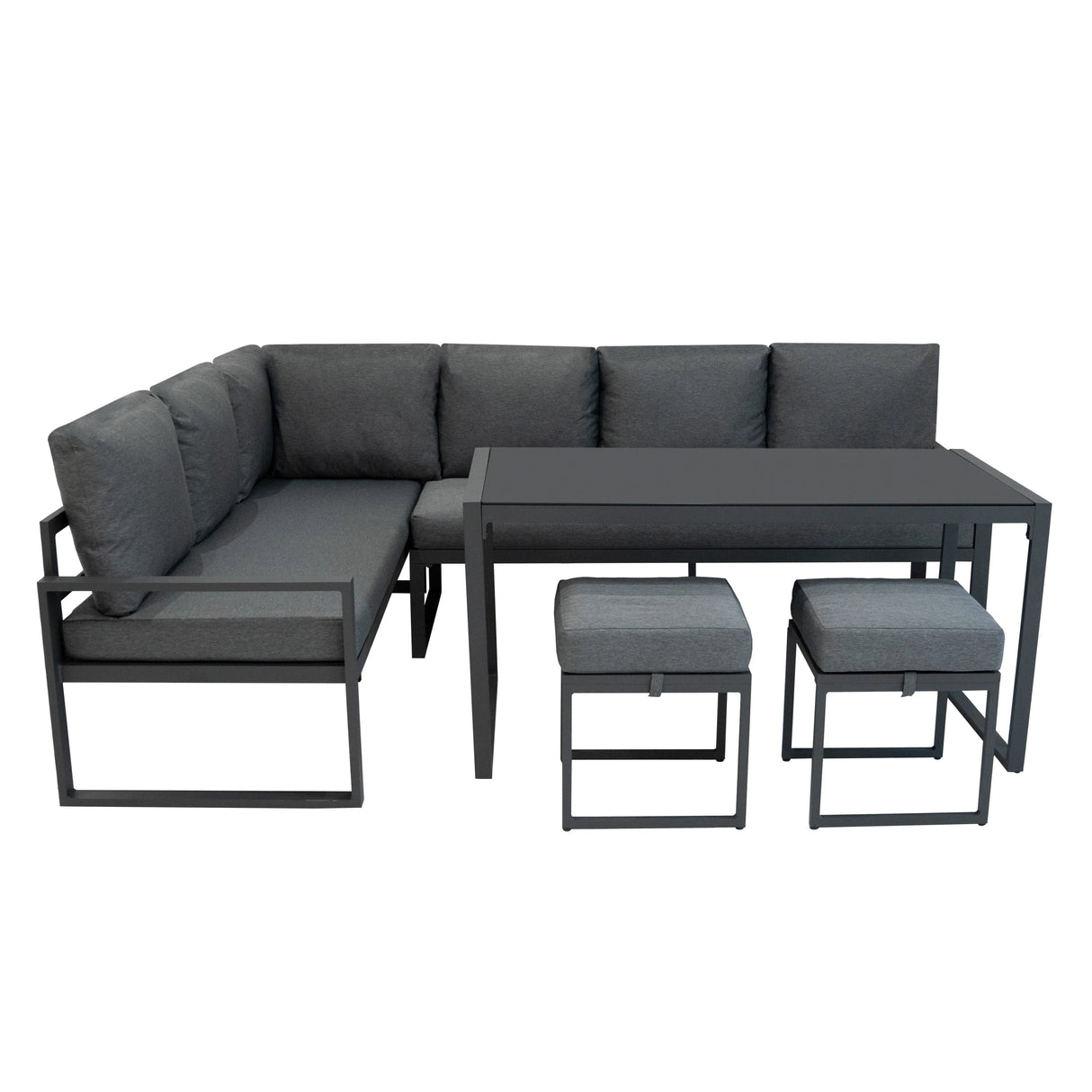 Aluminium corner sofa set in anthracite grey with plush cushions, sleek design, and matching storage box for outdoor use