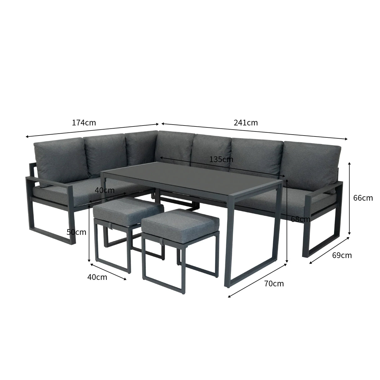 Aluminium corner sofa set in anthracite grey with plush cushions, black rattan storage box, and sleek glass-topped table