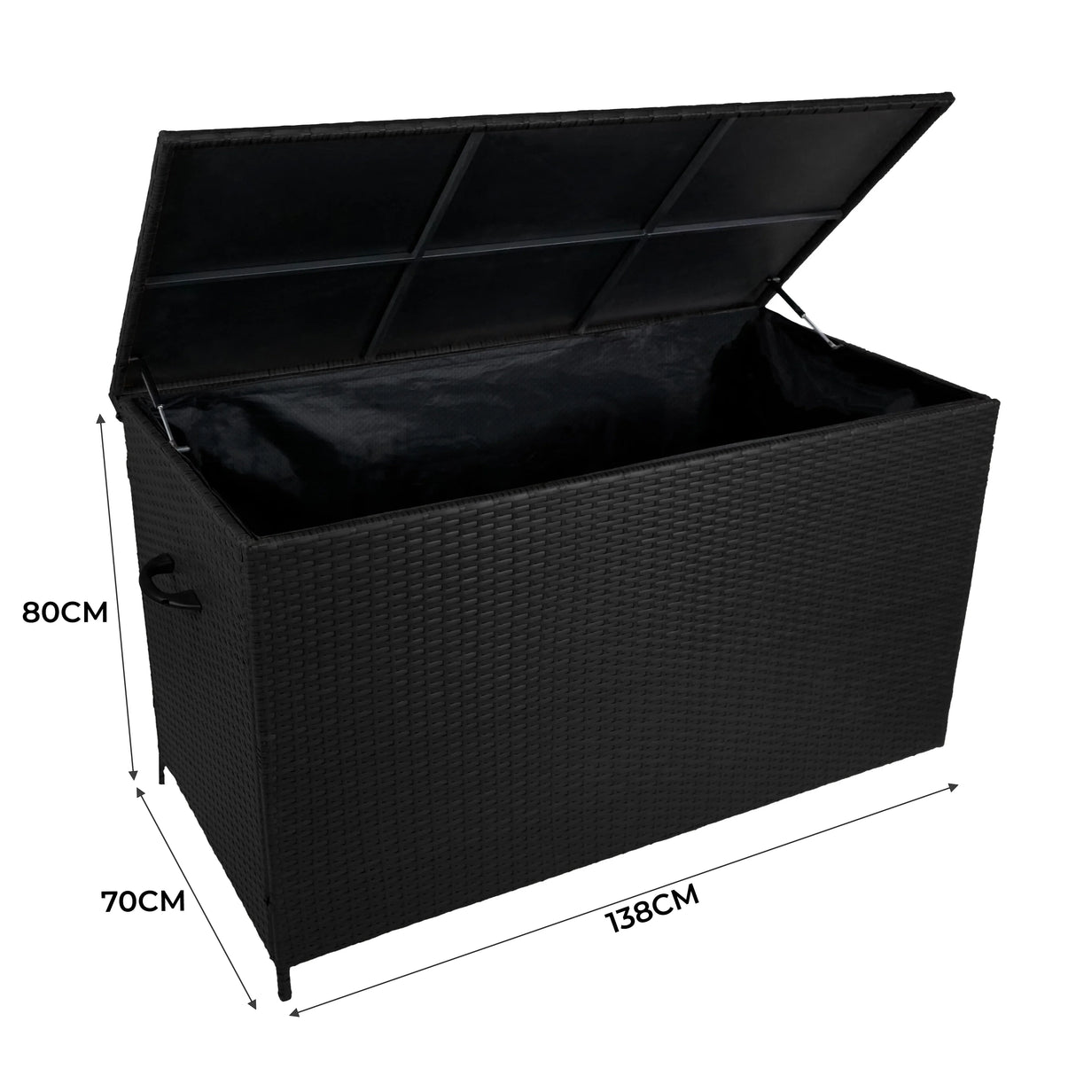 Aluminium corner sofa set with anthracite grey cushions and a black rattan storage box featuring a spacious interior and sleek design