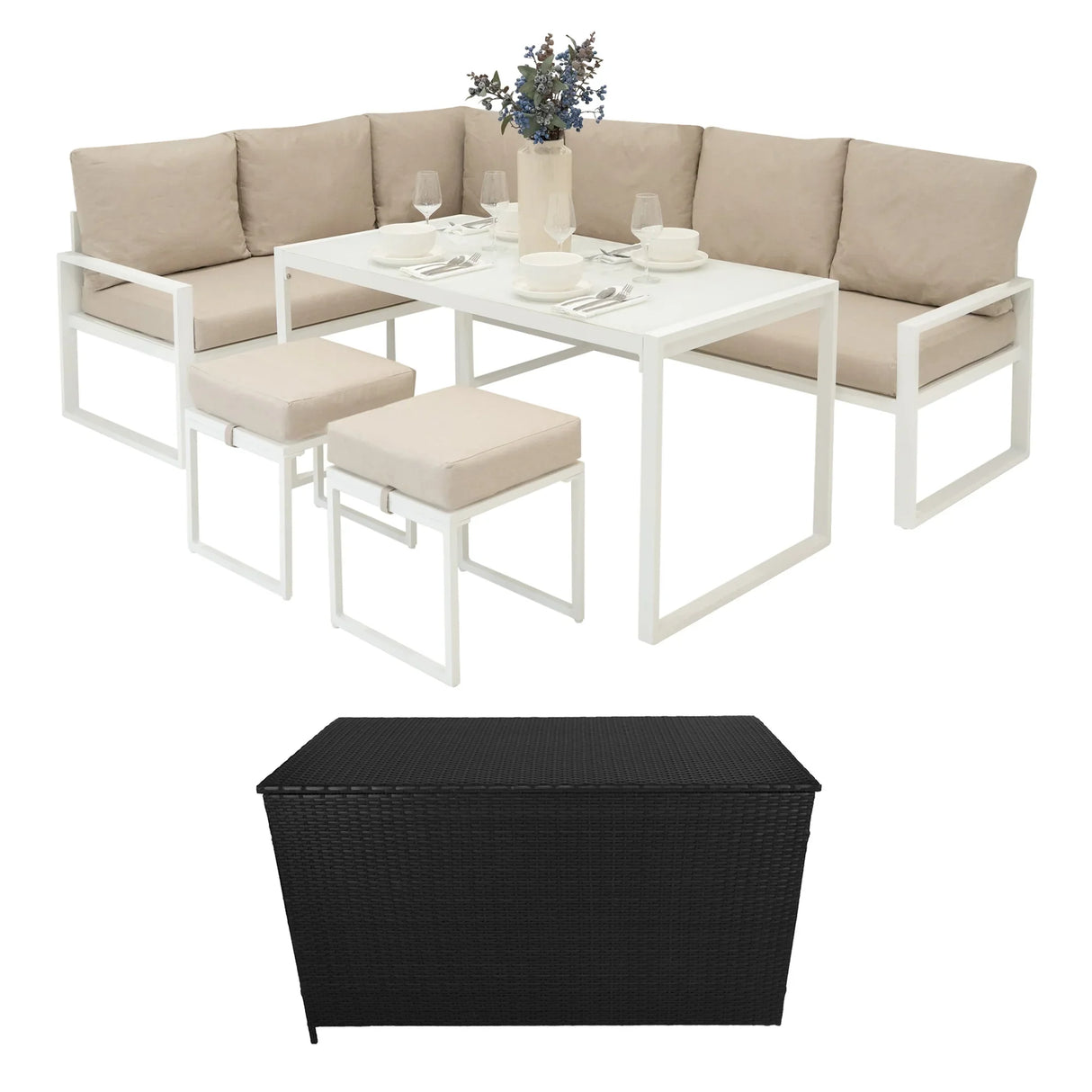 Aluminium corner sofa set in white with plush beige cushions, accompanied by a black rattan storage box, perfect for outdoor spaces