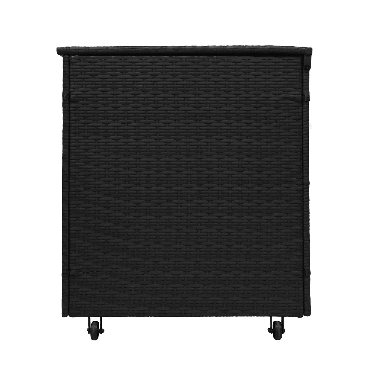 Aluminium corner sofa set featuring a sleek white design and a stylish black rattan storage box with wheels for easy mobility
