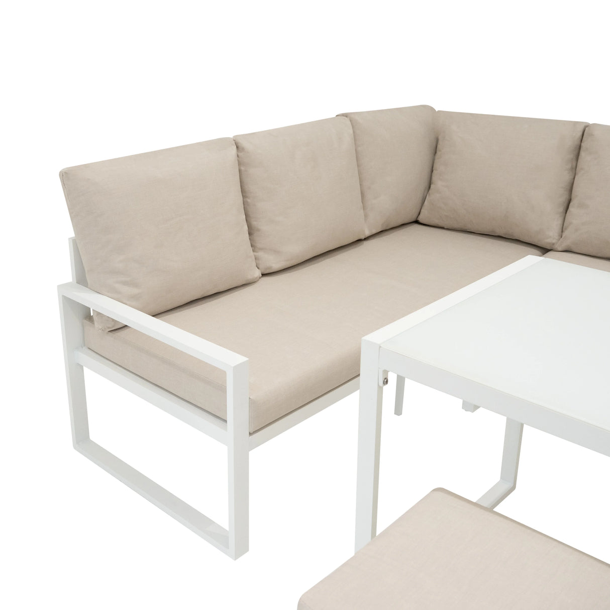 Aluminium corner sofa set featuring soft beige cushions, sleek white frame, and a modern design, perfect for outdoor relaxation