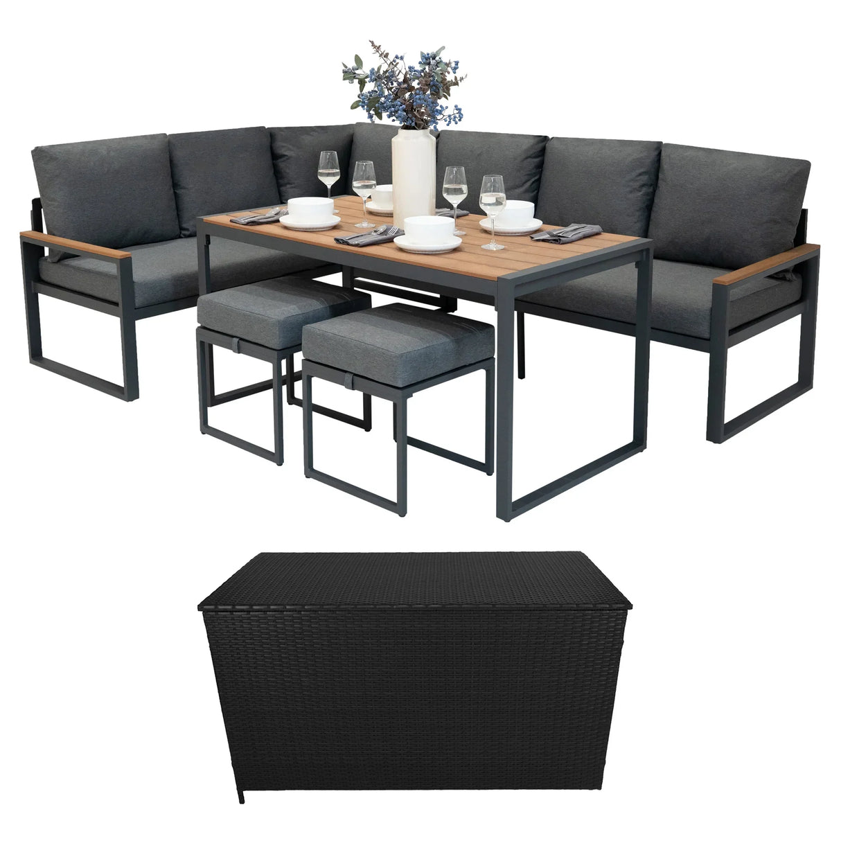 Aluminium corner sofa set featuring gray cushions, a wood-effect table, and a black rattan storage box for outdoor use