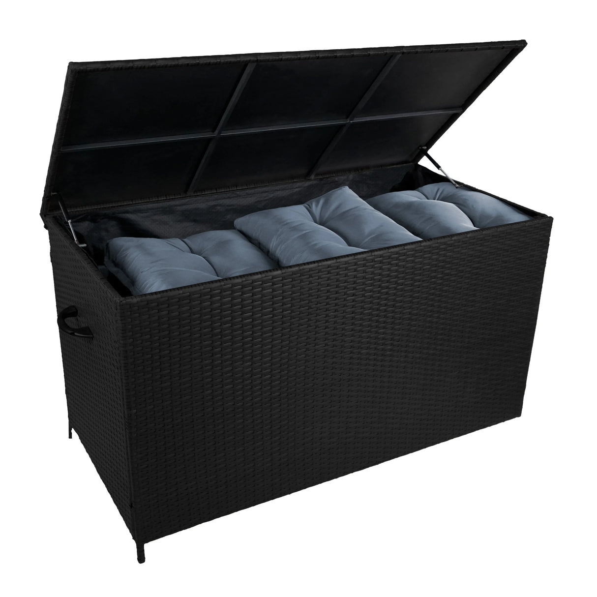 Aluminium corner sofa set with a black rattan storage box, featuring a wood effect and plush blue cushions inside for comfort