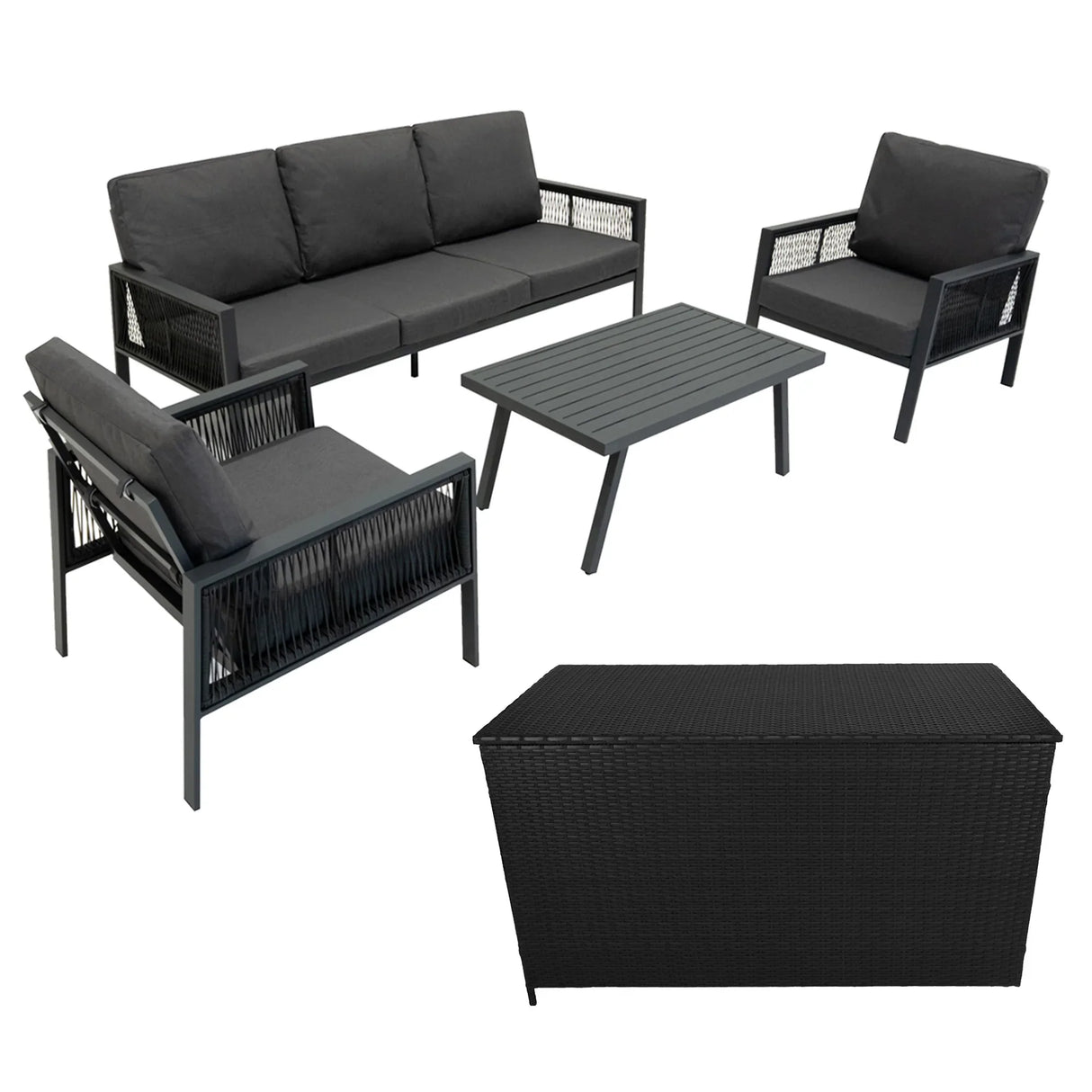 Aluminium 4 piece sofa set in anthracite grey with plush cushions, black rattan storage box, and sleek modern design