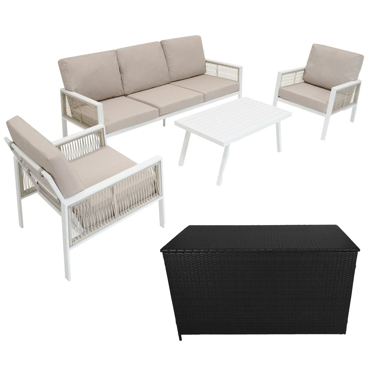 Aluminium 4 piece sofa set in white with beige cushions, includes a black rattan storage box and a sleek coffee table