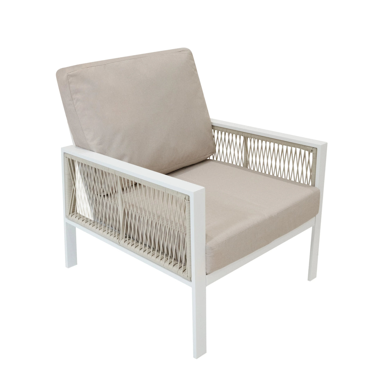 Aluminium sofa set featuring a white frame, beige cushions, and intricate rattan detailing, perfect for outdoor relaxation