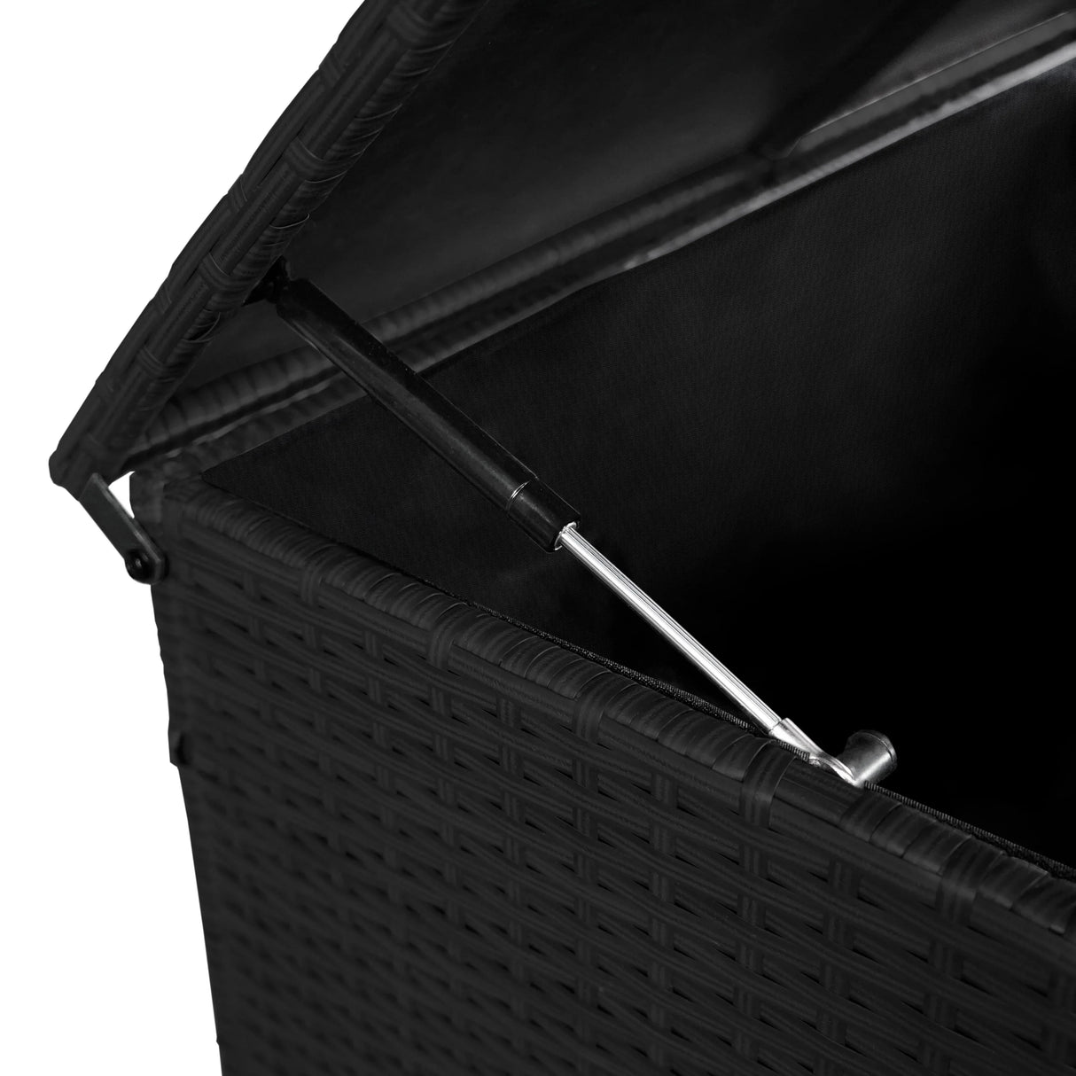 Black rattan storage box with a sleek aluminum frame, featuring a hinged lid and interior space for organizing outdoor items