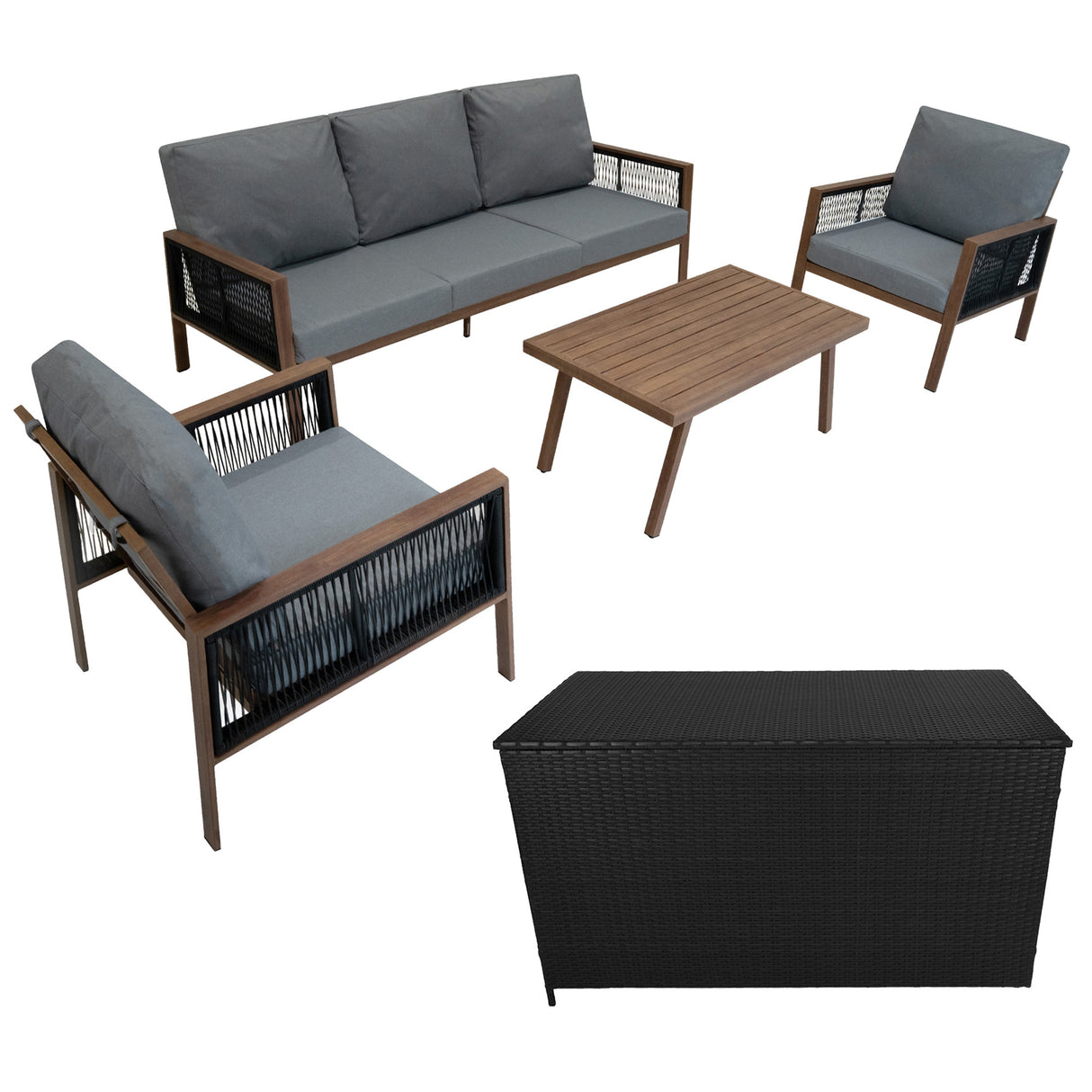 Aluminium 4 Piece Sofa Set with Black Rattan Storage Box - Wood Effect