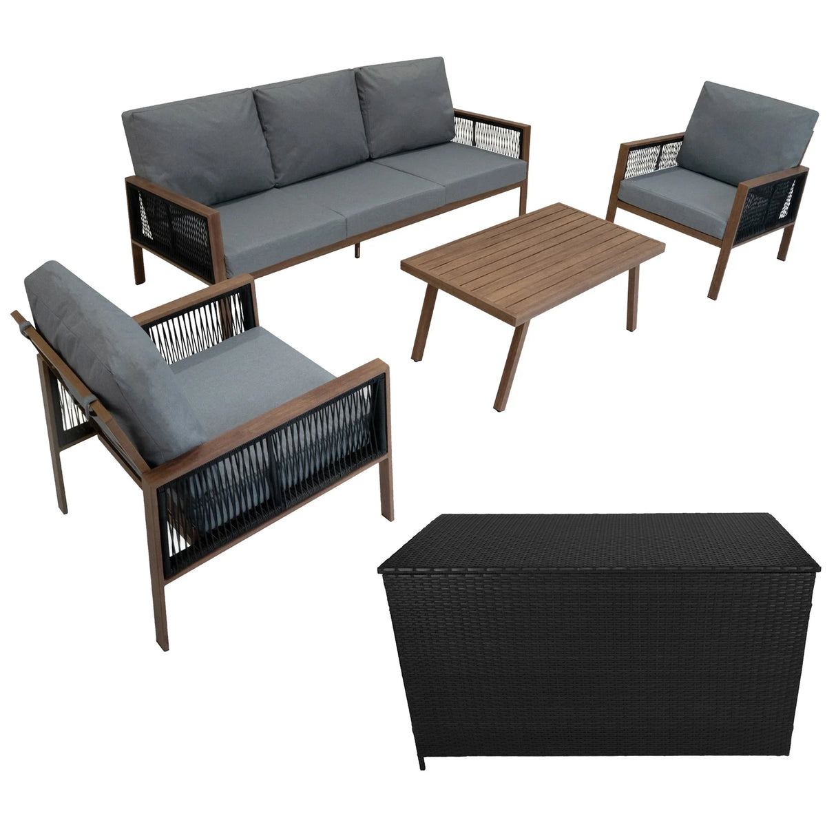 Aluminium 4 piece sofa set featuring gray cushions, wood effect accents, and a black rattan storage box for outdoor use