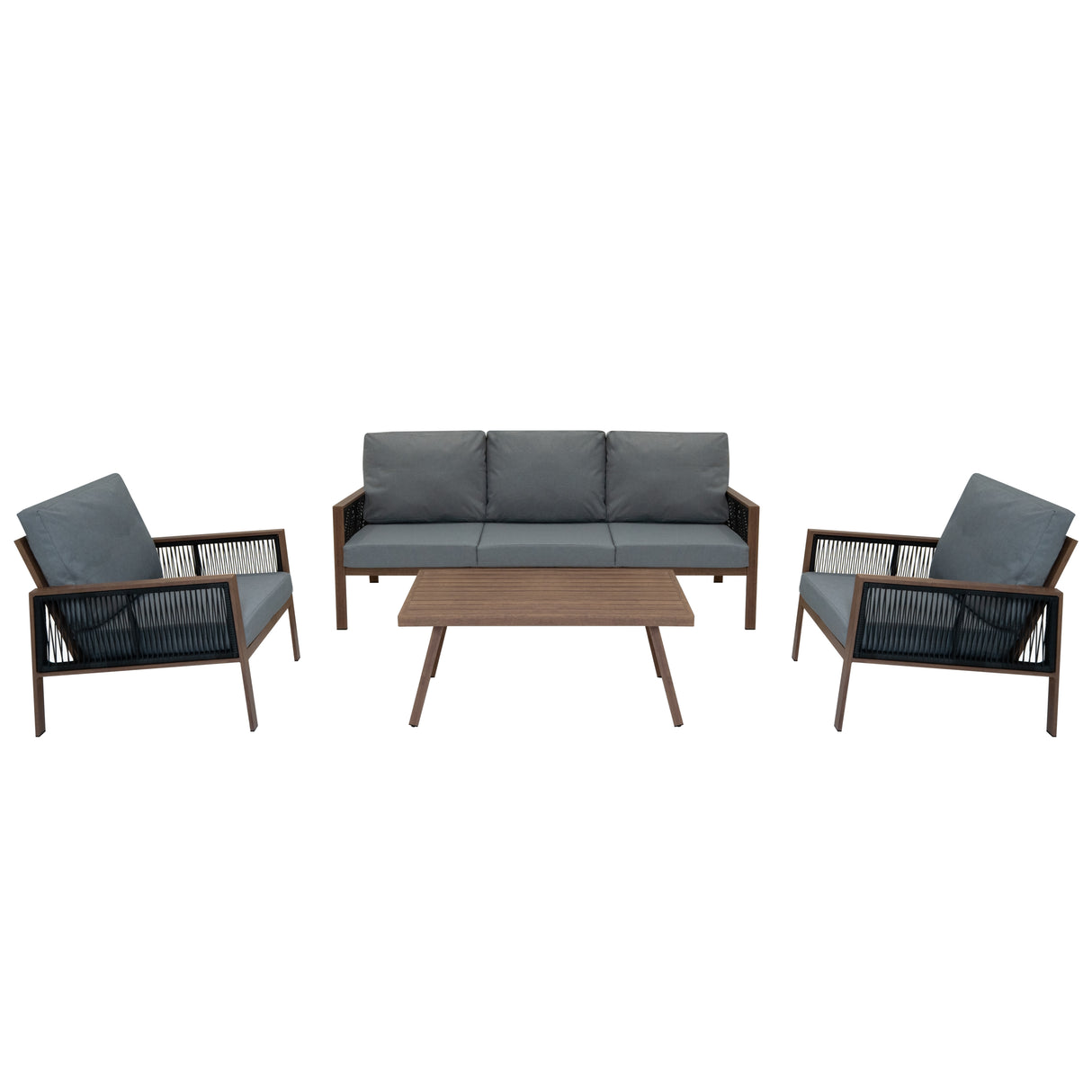 Aluminium 4 Piece Sofa Set with Black Rattan Storage Box - Wood Effect