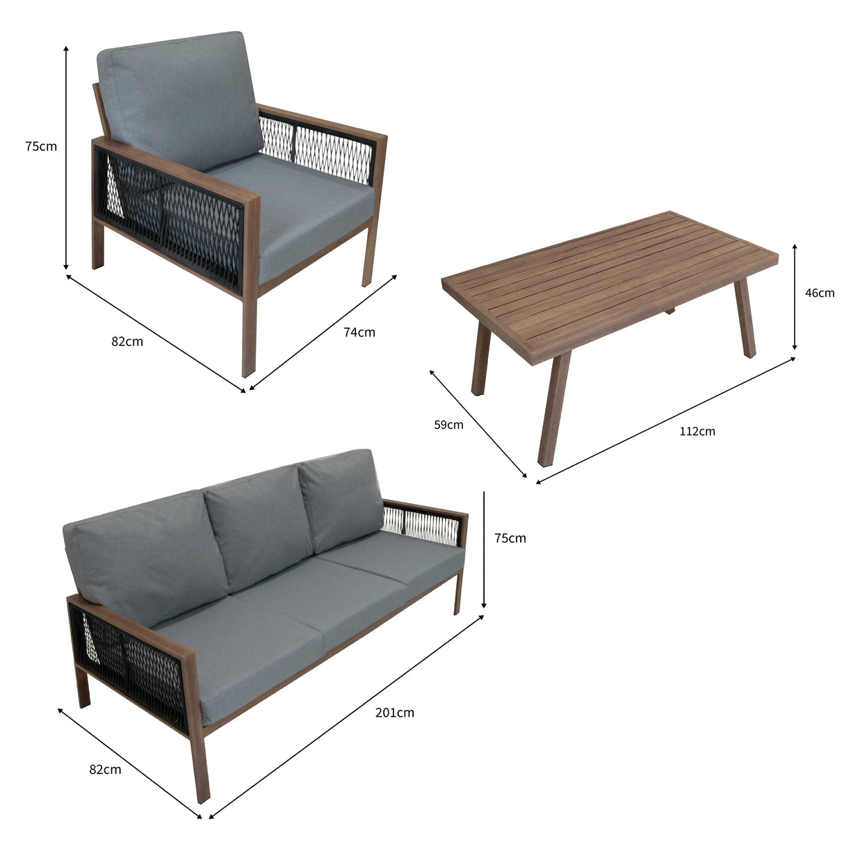 Aluminium 4 piece sofa set featuring a wood effect with grey cushions, black rattan storage box, and a slatted coffee table
