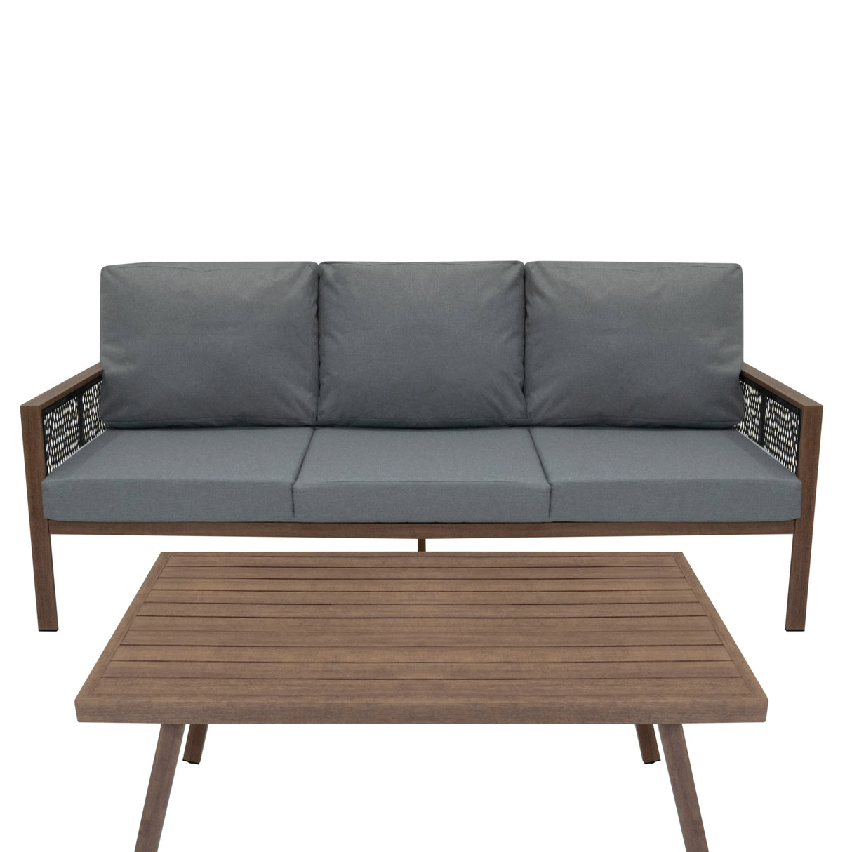 Aluminium 4 piece sofa set featuring a wood effect table, grey cushions, and black rattan accents for stylish outdoor seating