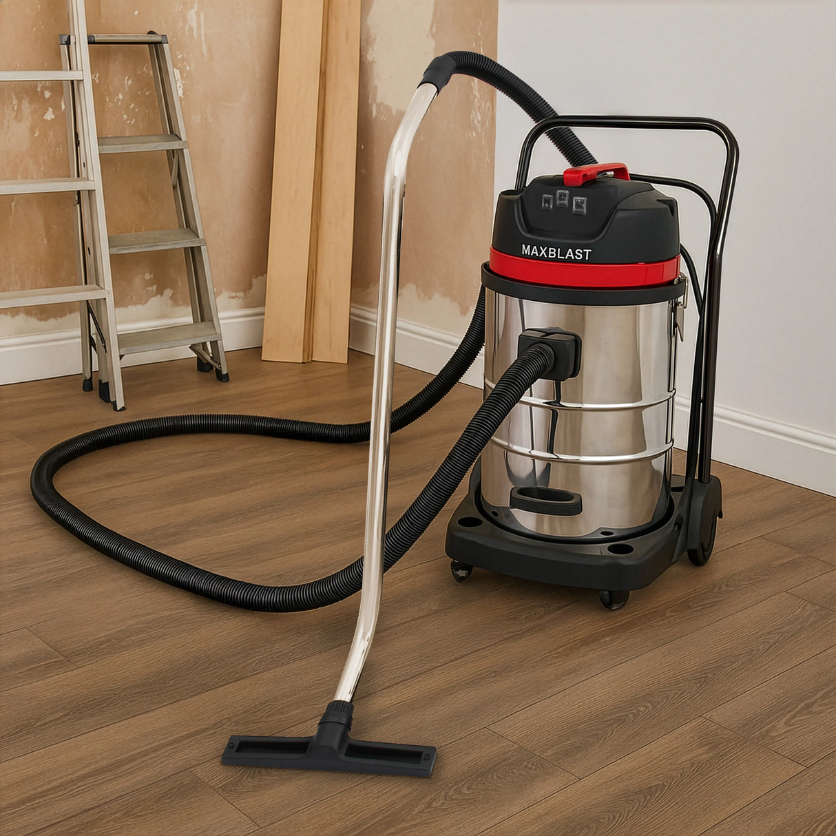 80L wet and dry vacuum with a stainless steel body, flexible 5m hose, and sturdy wheels, ideal for home and workshop cleaning