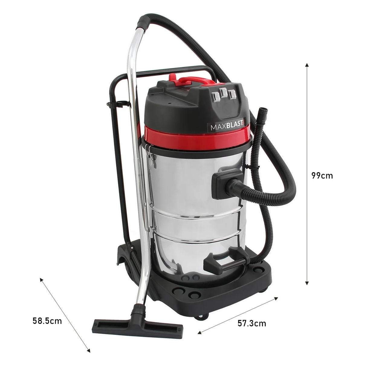 80L wet and dry vacuum with a shiny stainless steel body, red accents, 5m hose, and sturdy wheels for easy mobility