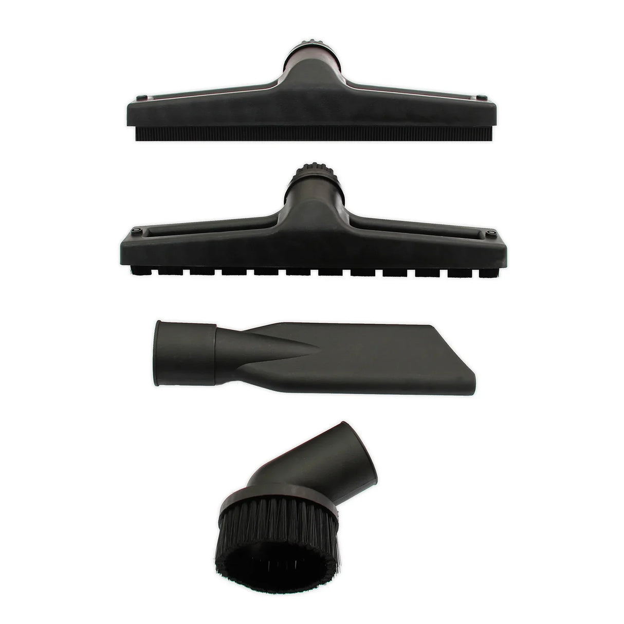 Black vacuum attachments for an 80L wet and dry vacuum, including a wide floor nozzle, crevice tool, and brush head