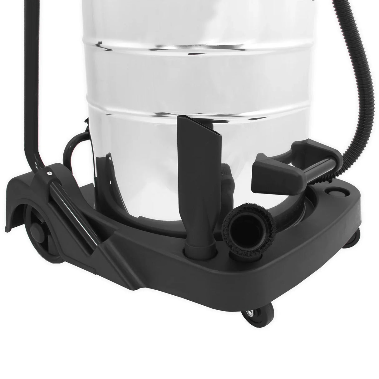 80L wet and dry vacuum with a shiny stainless steel barrel, black base, and 5m hose, featuring multiple attachments for versatile cleaning