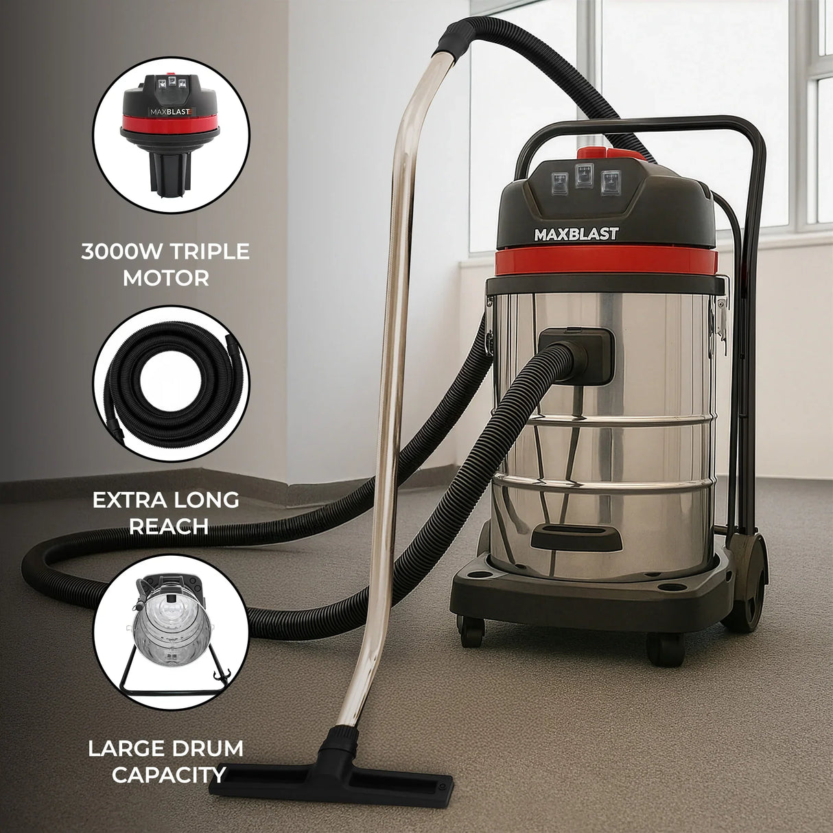 80L wet and dry vacuum with a shiny stainless steel drum, red accents, a 5m hose, and a powerful 3000W motor for versatile cleaning