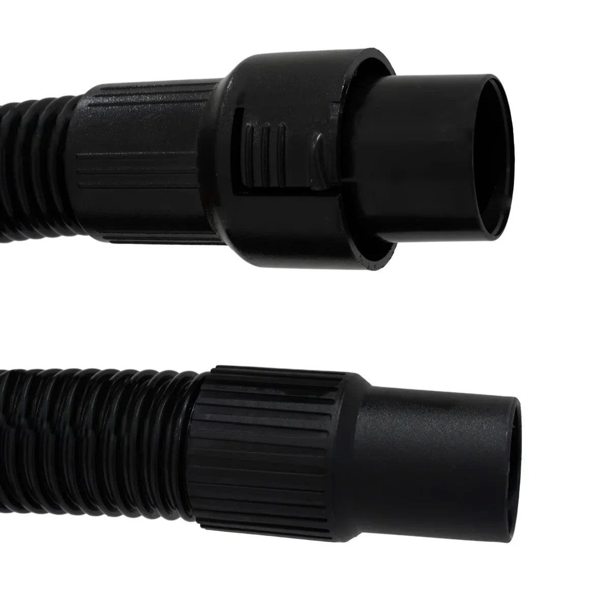 Black flexible hose connectors for an 80L wet and dry vacuum, featuring ribbed texture for secure grip and easy attachment