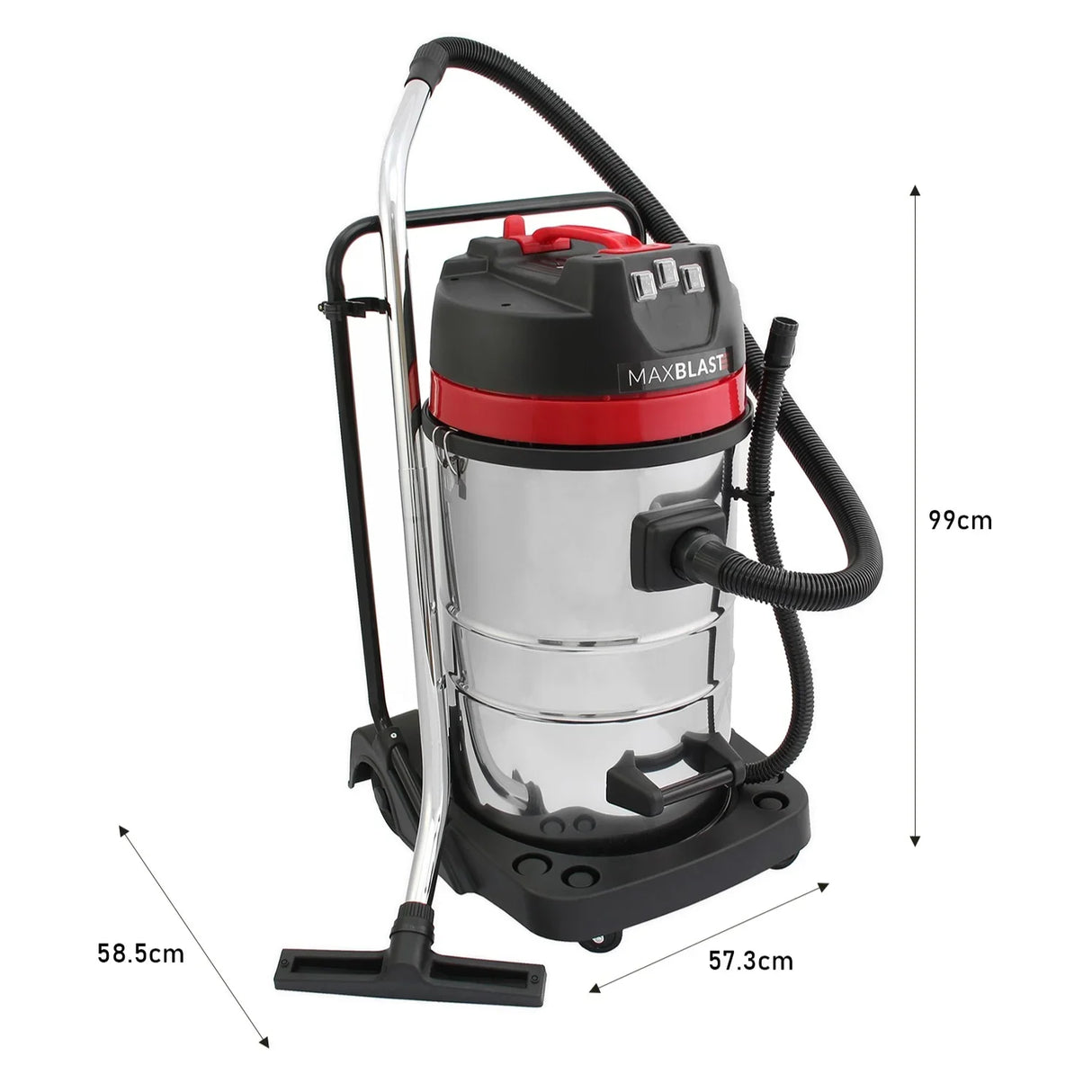 80L wet and dry vacuum with a sleek stainless steel body, red accents, and a flexible 5m hose for versatile cleaning tasks