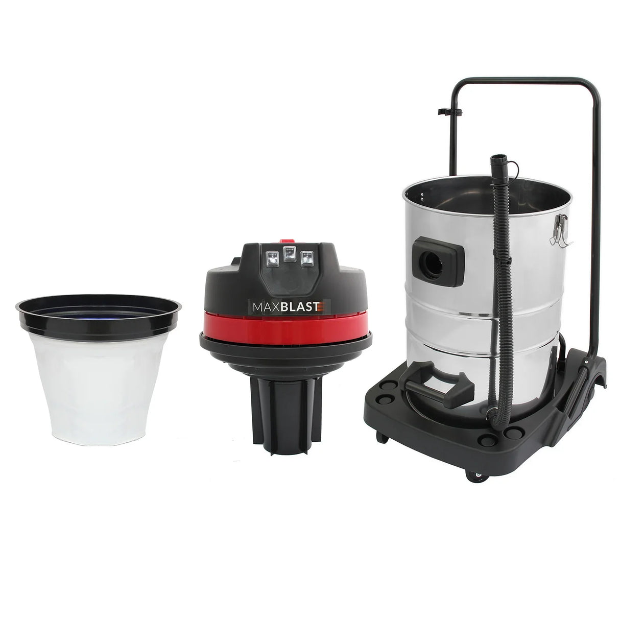 80L wet and dry vacuum with stainless steel tank, red and black motor unit, gutter vacuum poles, and 5m hose for versatile cleaning