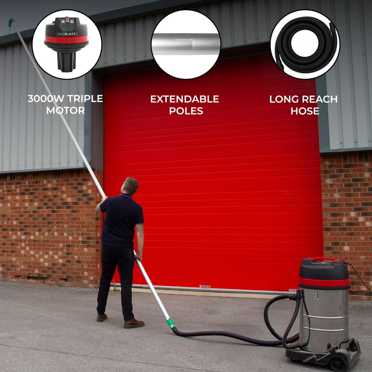 80L wet and dry vacuum with gutter vacuum poles, 5m hose, and powerful 3000W motor, designed for efficient cleaning and reach