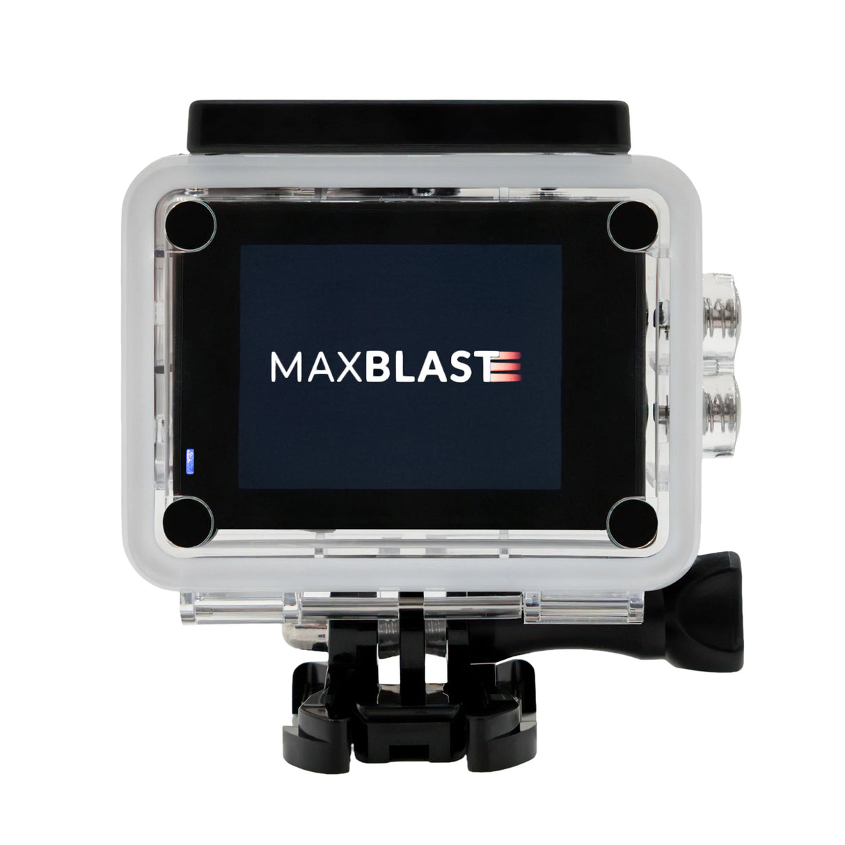 Gutter vacuum camera with a clear protective casing, featuring a large screen displaying the MaxBlaste logo and sturdy mounting bracket