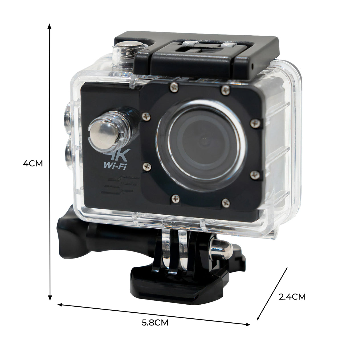 Compact gutter vacuum camera with a clear waterproof housing, featuring a lens, Wi-Fi logo, and mounting bracket for easy installation