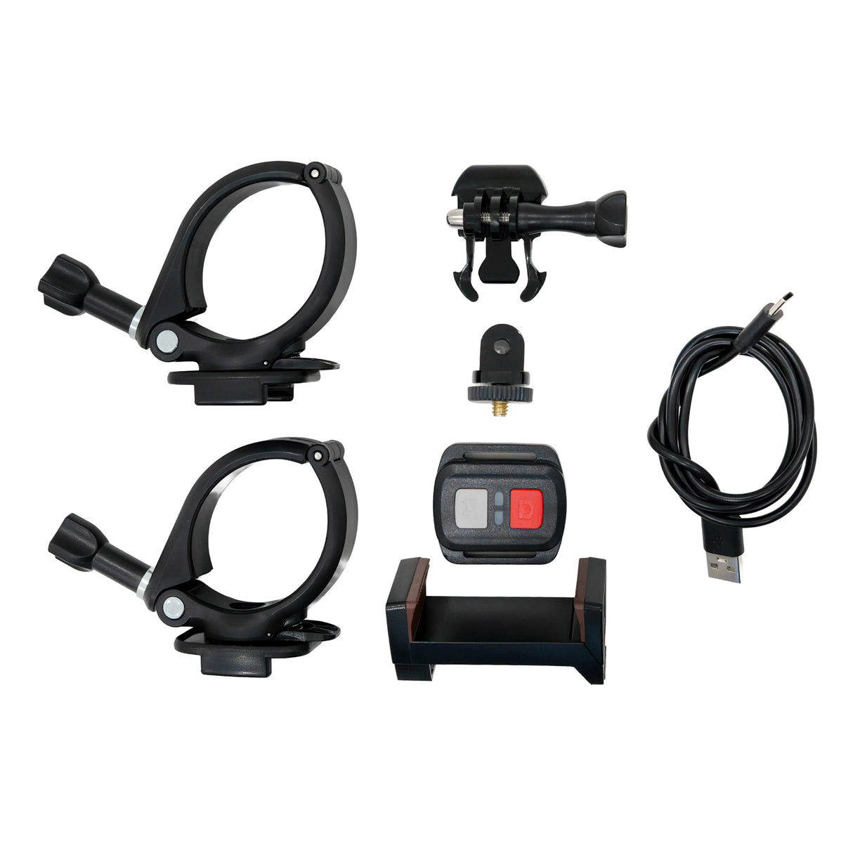 Gutter vacuum camera accessories including two sturdy clamps, a remote control, a USB cable, and a mounting bracket in black