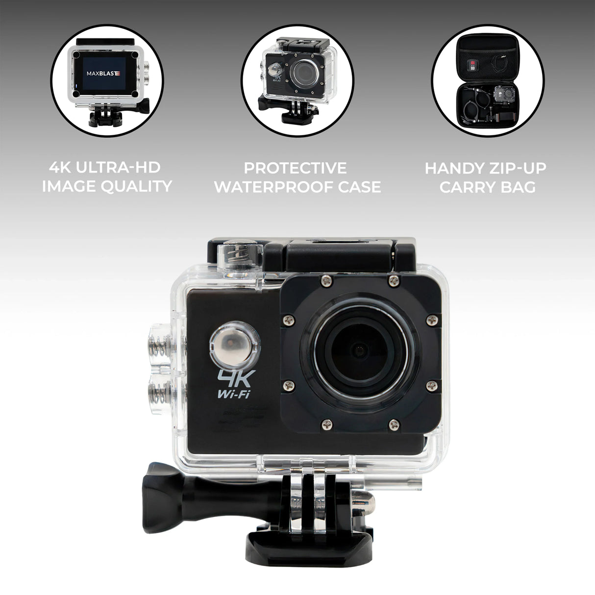 Gutter vacuum camera with 4K ultra-HD quality, waterproof case, and zip-up carry bag, showcasing sleek black design and lens