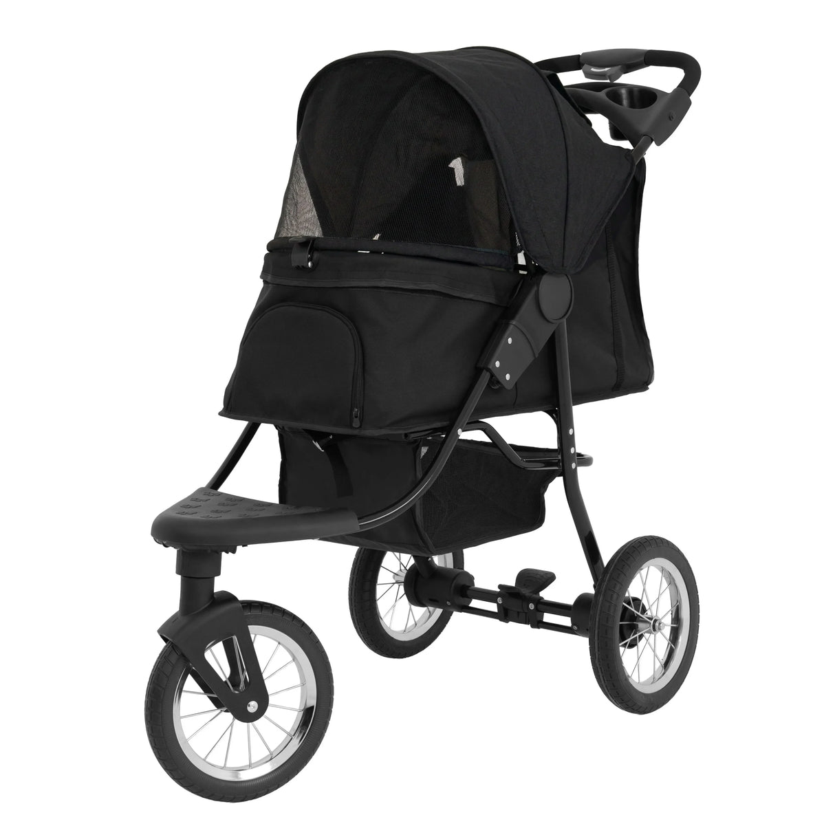 Black pet jogger with a spacious canopy, sturdy frame, and large wheels, designed for comfortable outdoor walks with pets