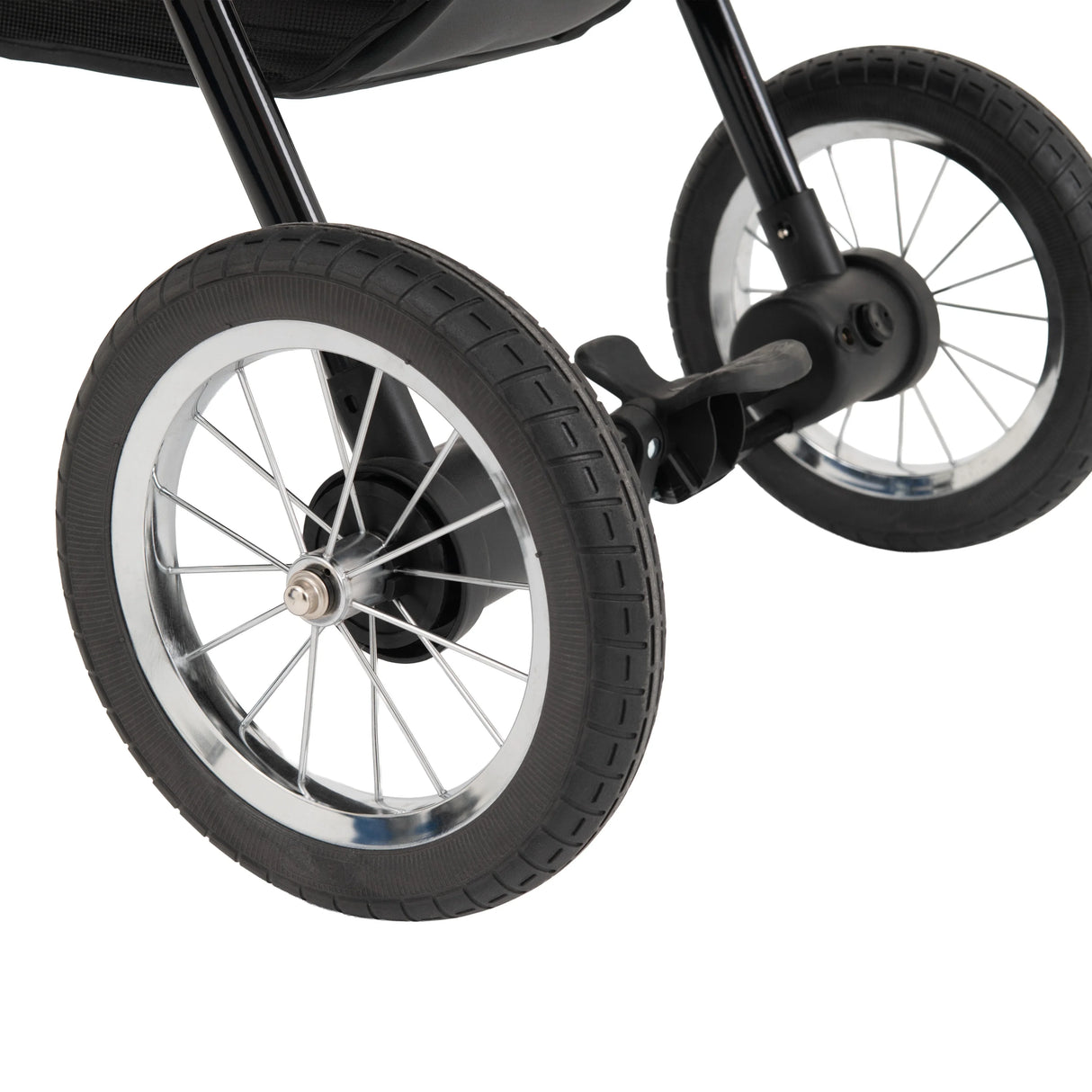 Black pet jogger featuring durable rubber wheels with silver rims, designed for smooth rides and easy maneuverability on various terrains