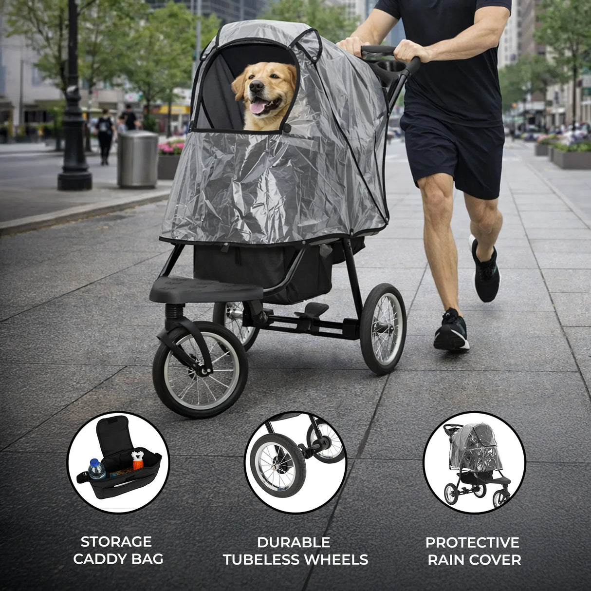 Black pet jogger with a protective rain cover, durable tubeless wheels, and storage caddy bag, featuring a happy dog inside