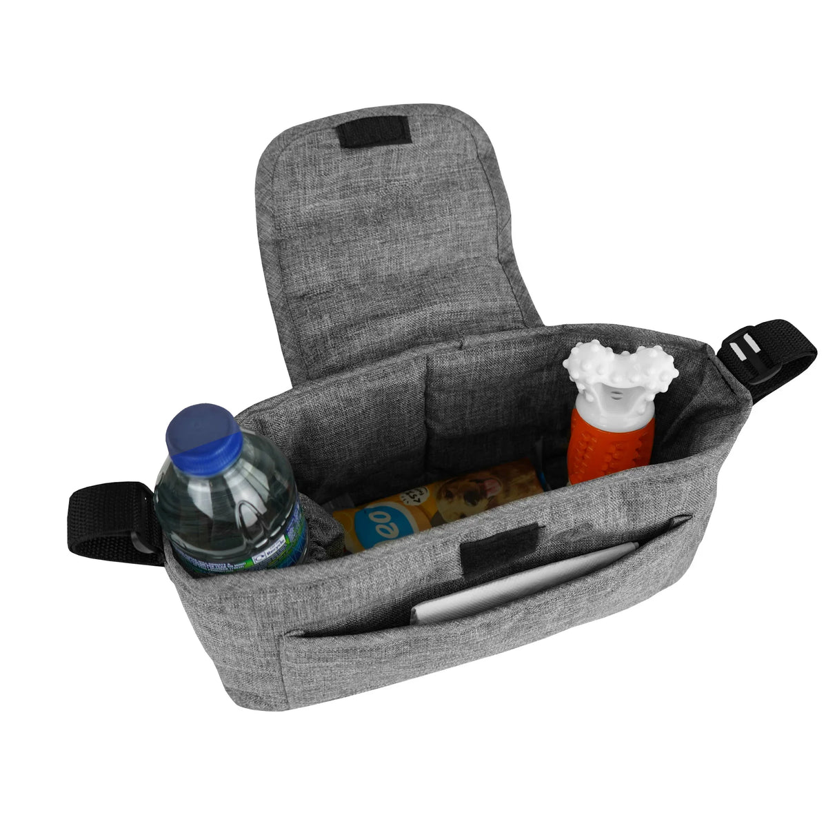 Grey pet jogger storage bag with compartments for water bottle, snacks, and toys, featuring a soft fabric and adjustable straps