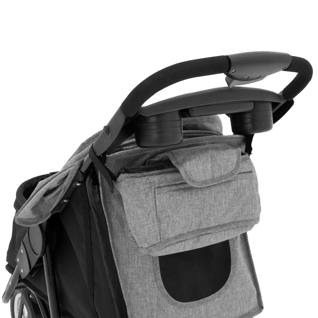 Grey pet jogger featuring a padded handlebar, spacious storage pocket, and breathable mesh panel for ventilation and comfort