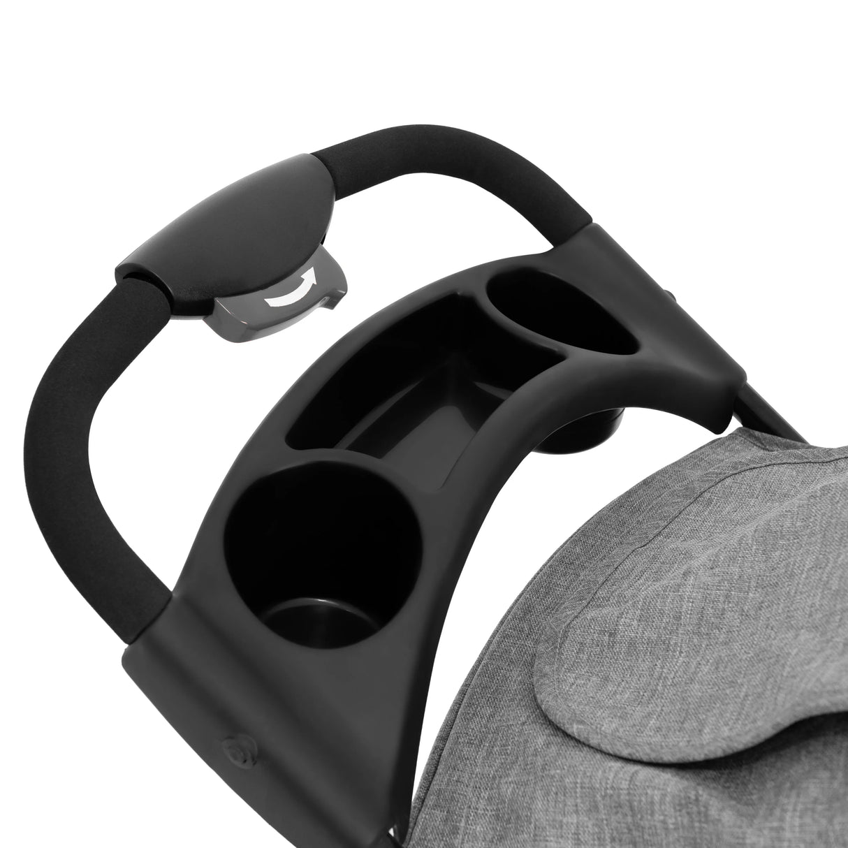 Grey pet jogger handle with dual cup holders, featuring a soft grip and sleek design for comfortable pushing during walks
