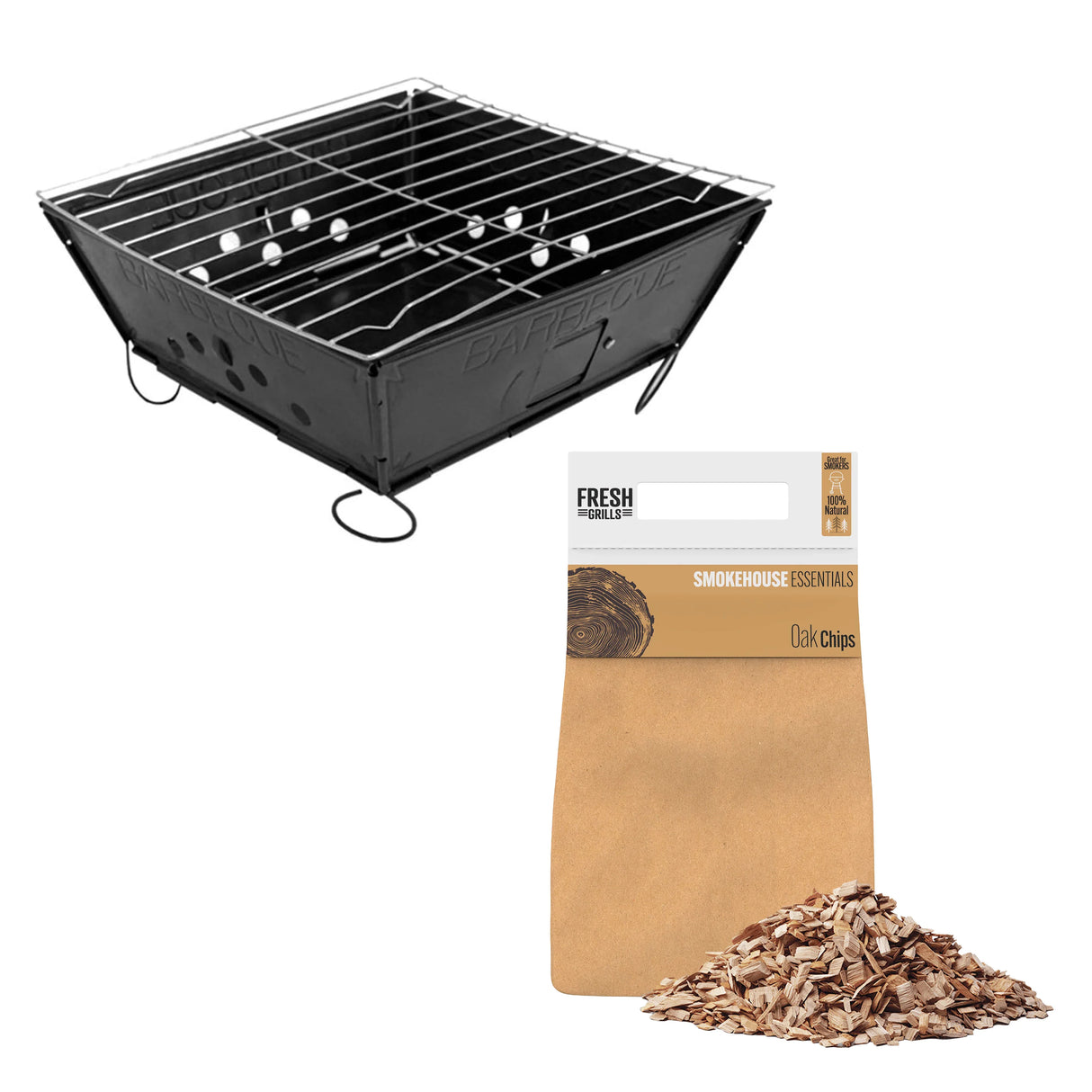 Portable BBQ grill in black metal with a charcoal rack, paired with a bag of oak wood chips for enhanced flavor