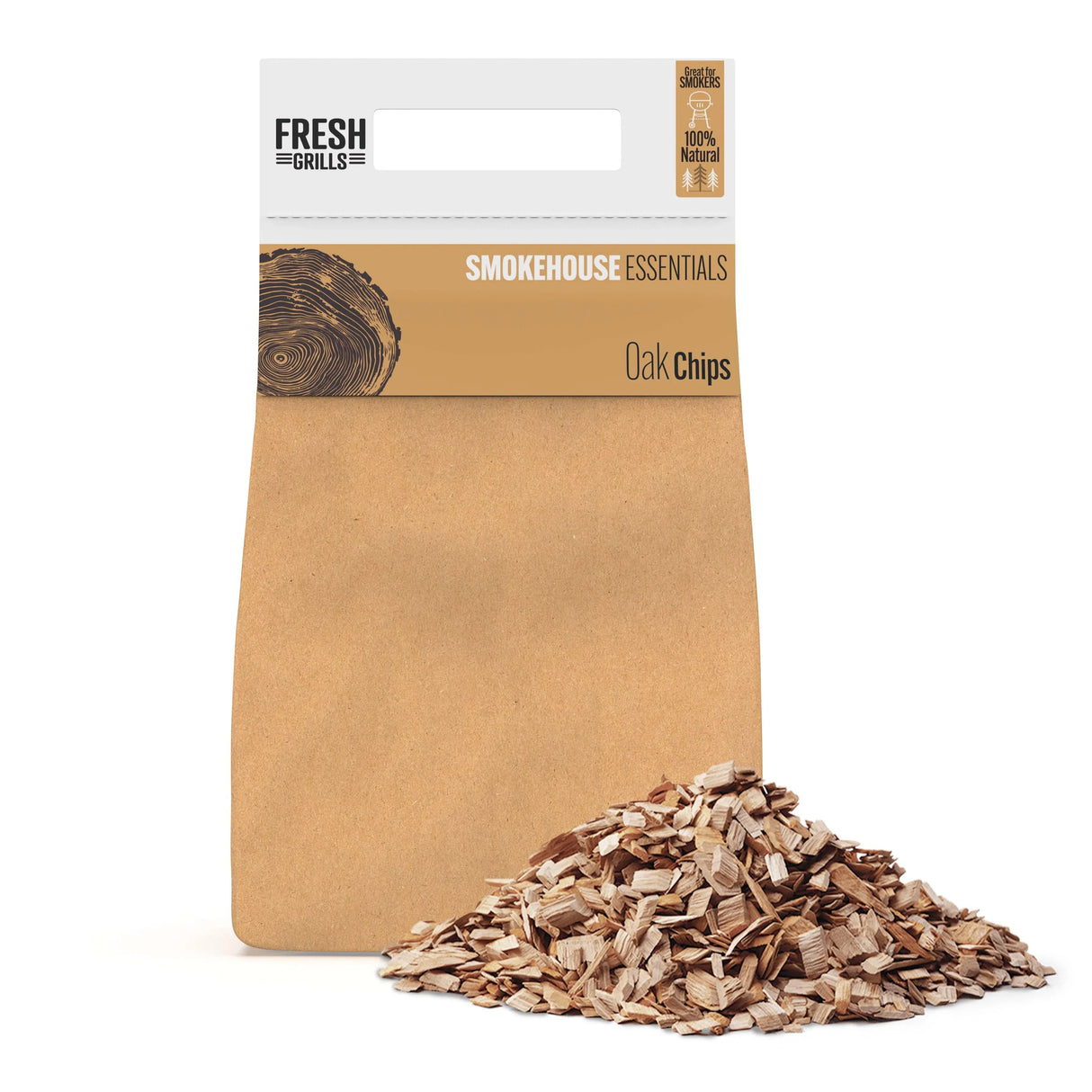 Natural oak wood chips in a kraft paper bag, ideal for enhancing flavor in portable BBQ grilling and smoking applications