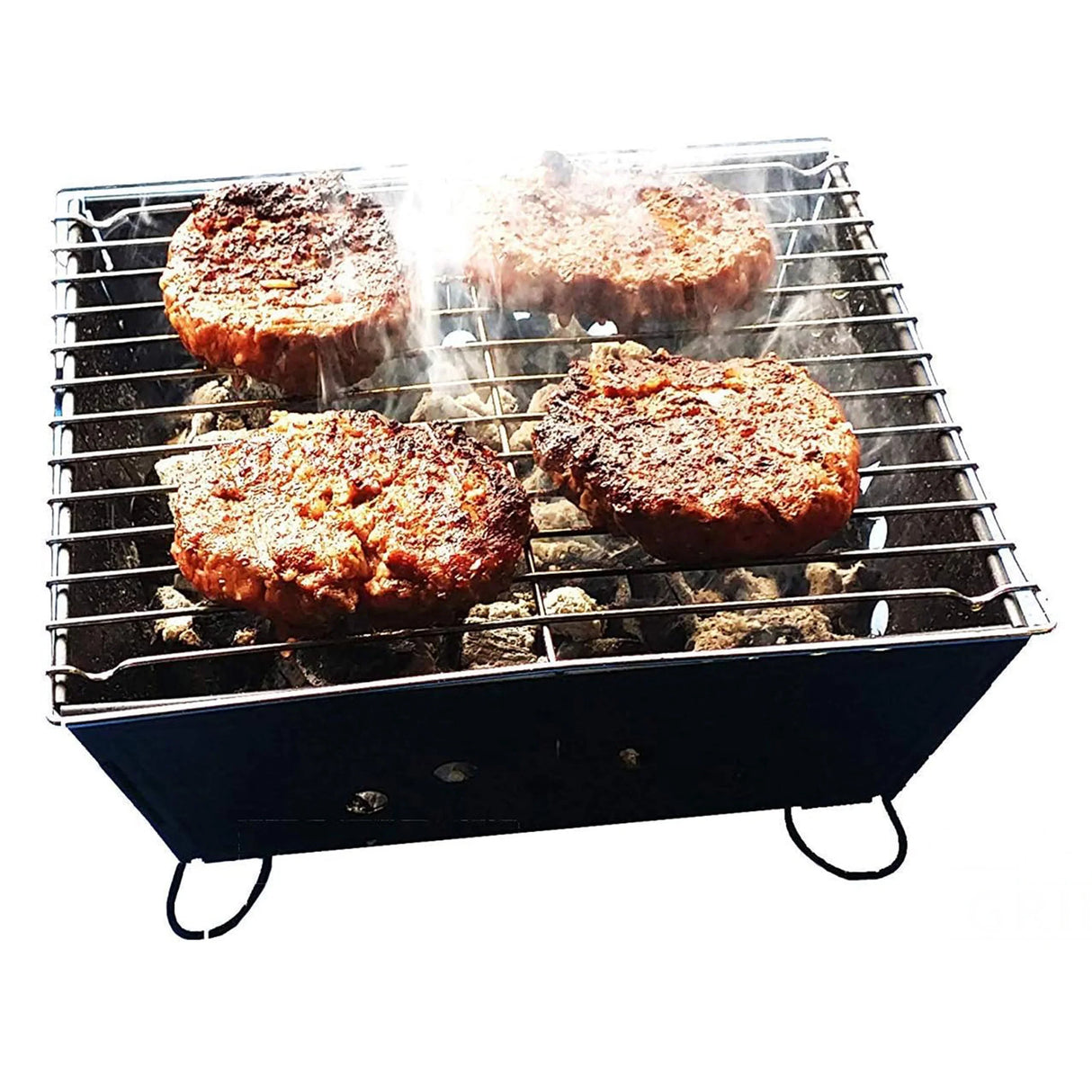 Portable BBQ grill with oak wood chips, featuring sizzling patties on a stainless steel grate, emitting flavorful smoke
