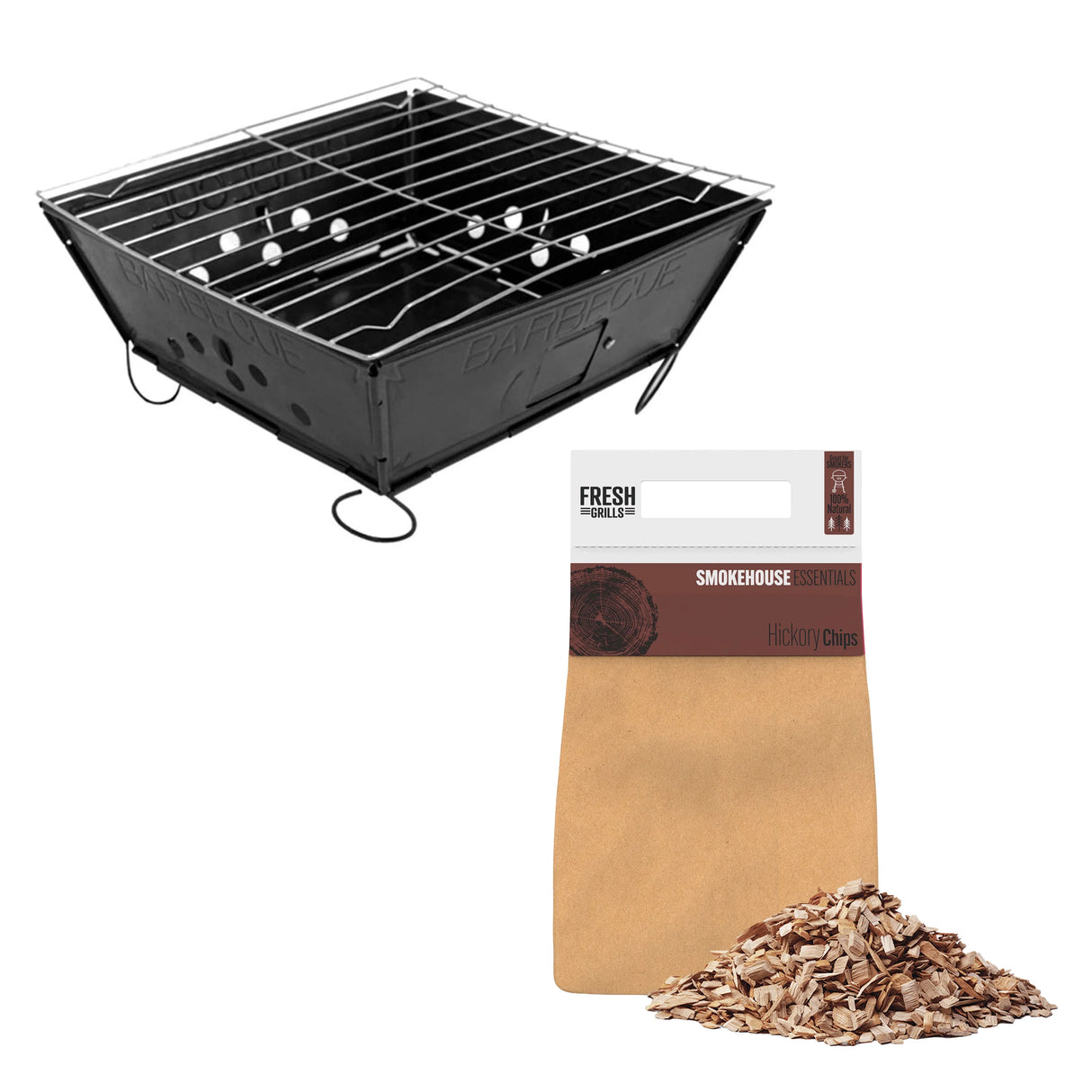 Portable BBQ grill in black metal with a folding design, accompanied by a bag of hickory wood chips for enhanced flavor
