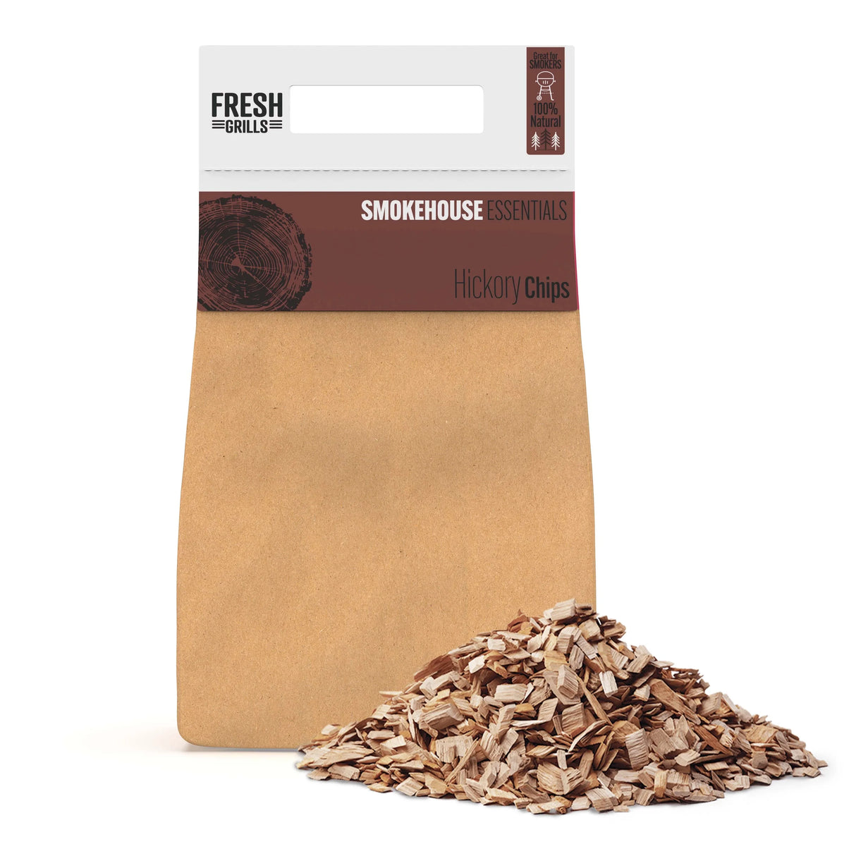 Hickory wood chips in a brown kraft bag, ideal for enhancing flavor in portable BBQs, showcasing a textured pile of chips