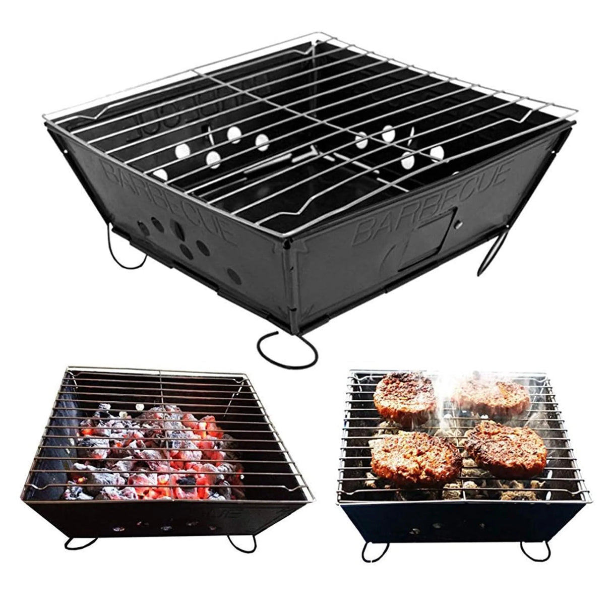Portable BBQ grill with hickory wood chips, featuring a sleek black design, sturdy metal grates, and a compact square shape ideal for outdoor cooking