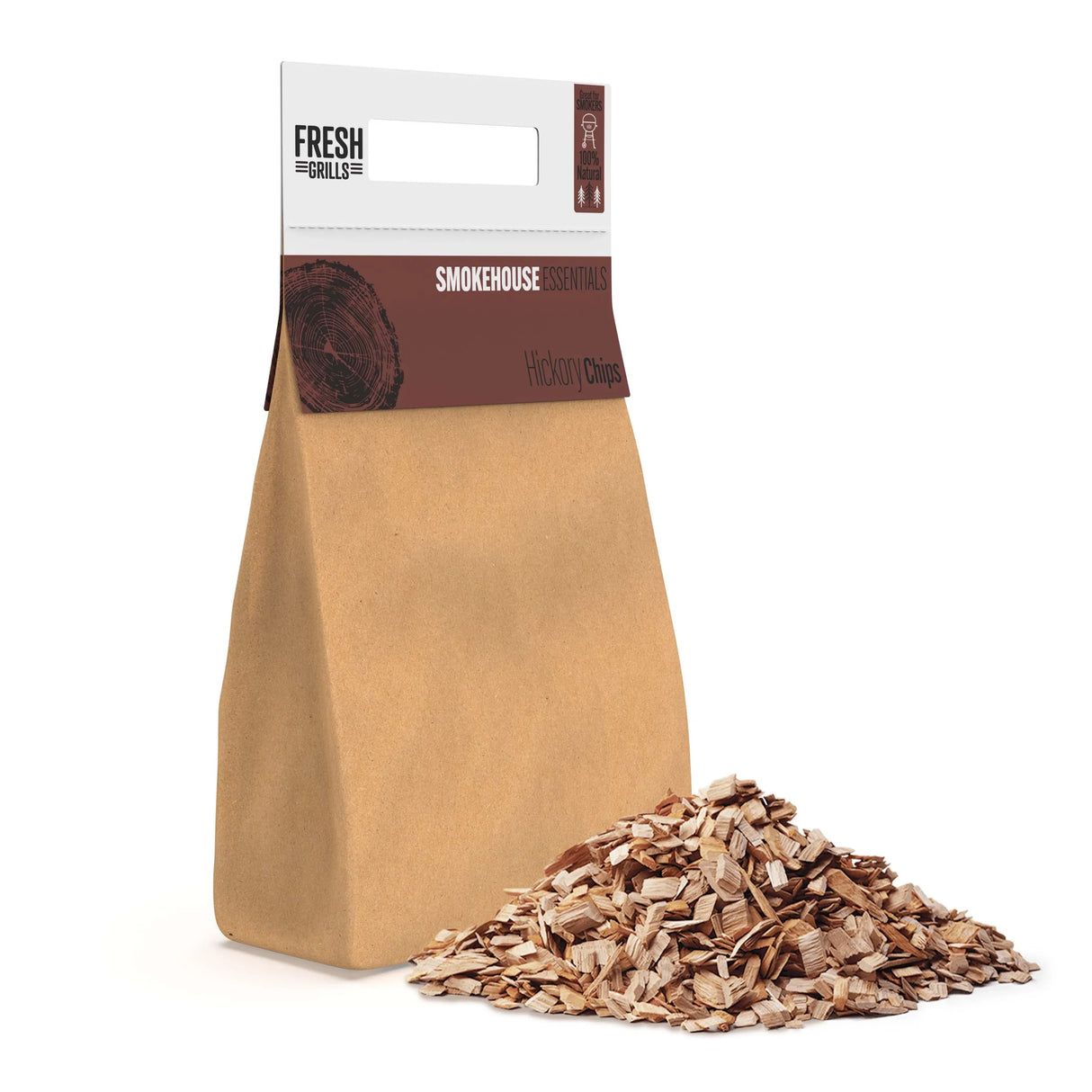 Hickory wood chips in a brown kraft bag, perfect for enhancing flavor in portable BBQ grilling, showcasing a textured, natural look