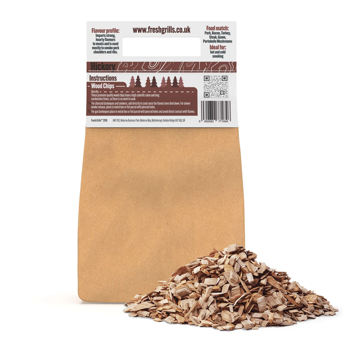 Hickory wood chips in a brown paper bag, ideal for enhancing flavor in portable BBQ grilling, showcasing a textured wood chip pile