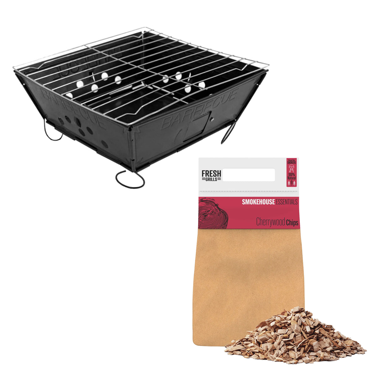 Portable BBQ grill in black metal with a removable cooking grate, paired with a bag of cherrywood wood chips for enhanced flavor