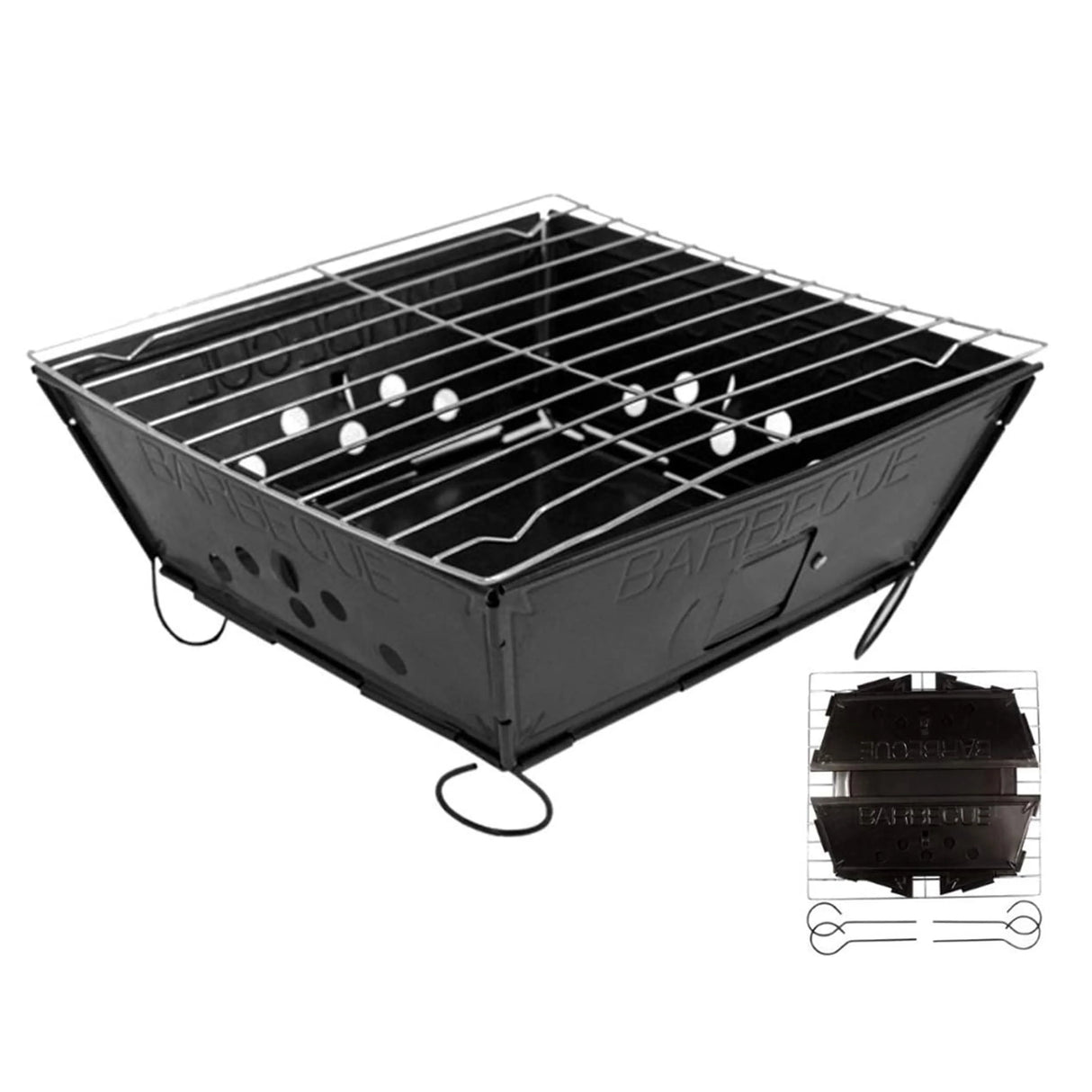 Portable BBQ grill with a sleek black finish, featuring a square shape, adjustable grates, and included cherrywood wood chips for enhanced flavor