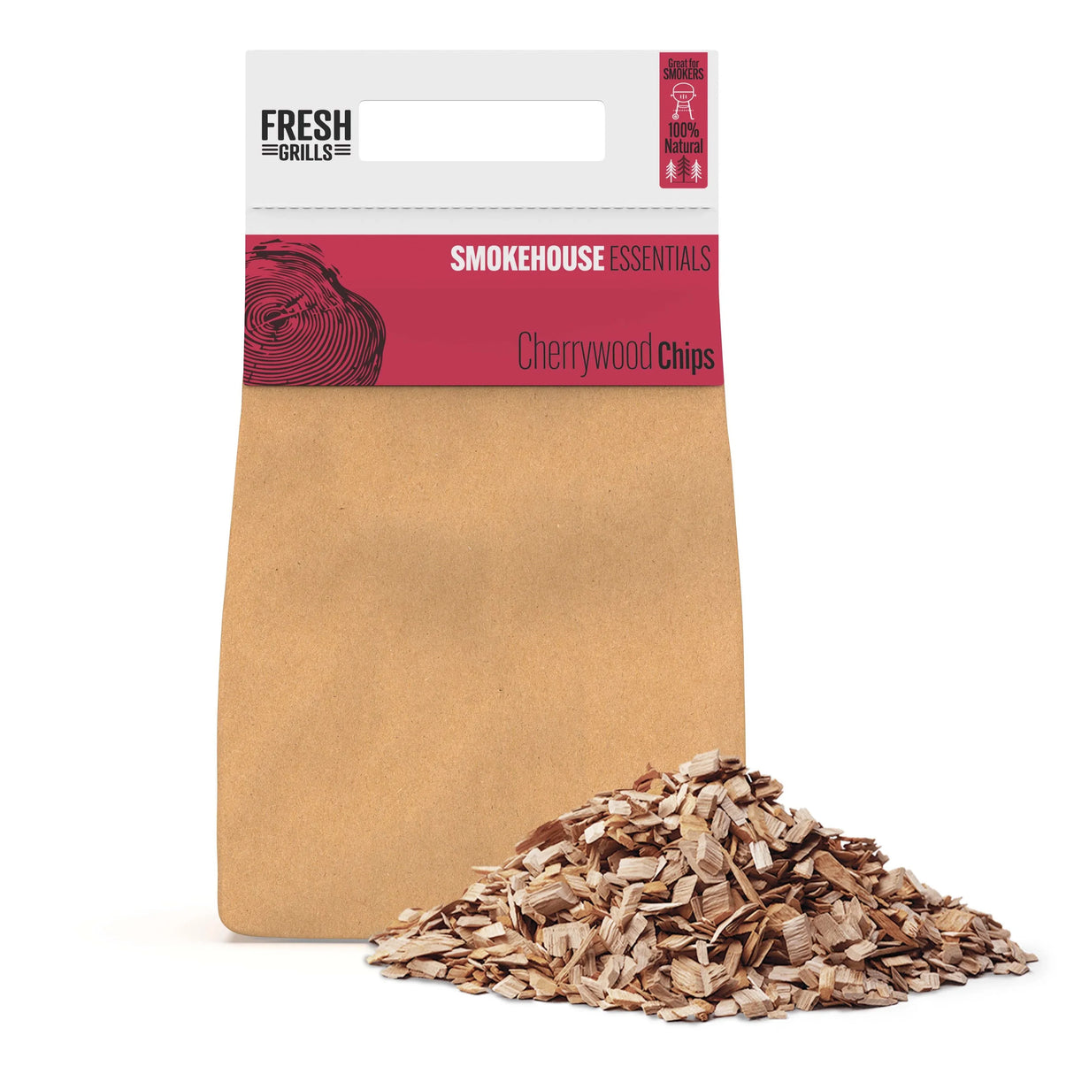 Cherrywood wood chips in a brown kraft bag, ideal for enhancing flavor in portable BBQ grilling and smoking applications