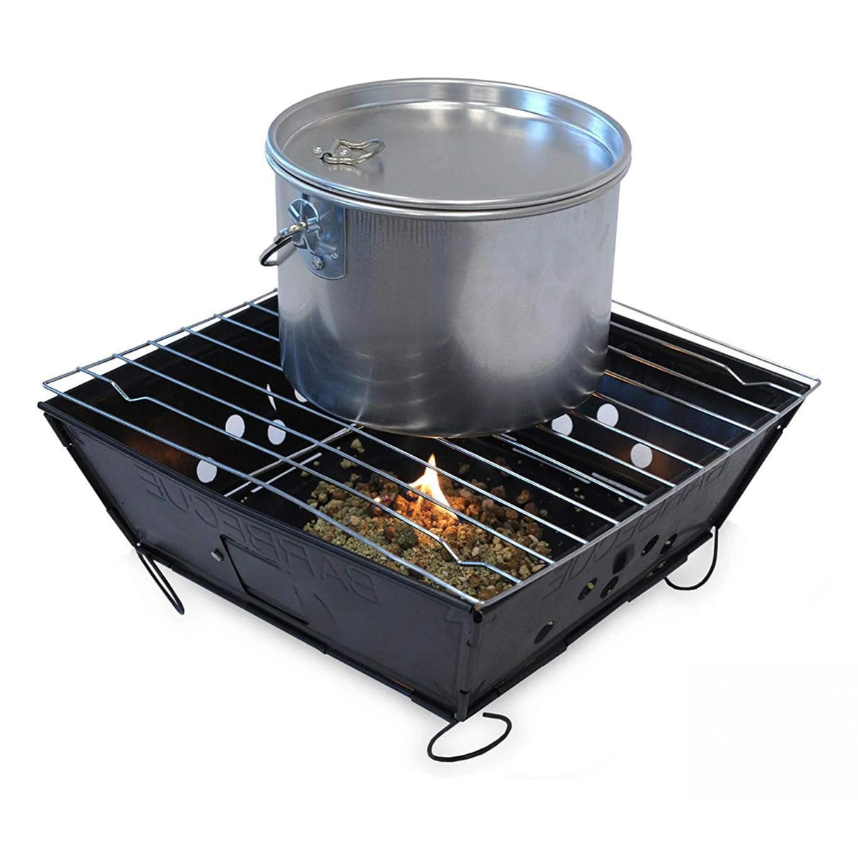 Portable BBQ featuring a sleek black design, topped with a silver pot, and cherrywood wood chips for enhanced flavor and aroma