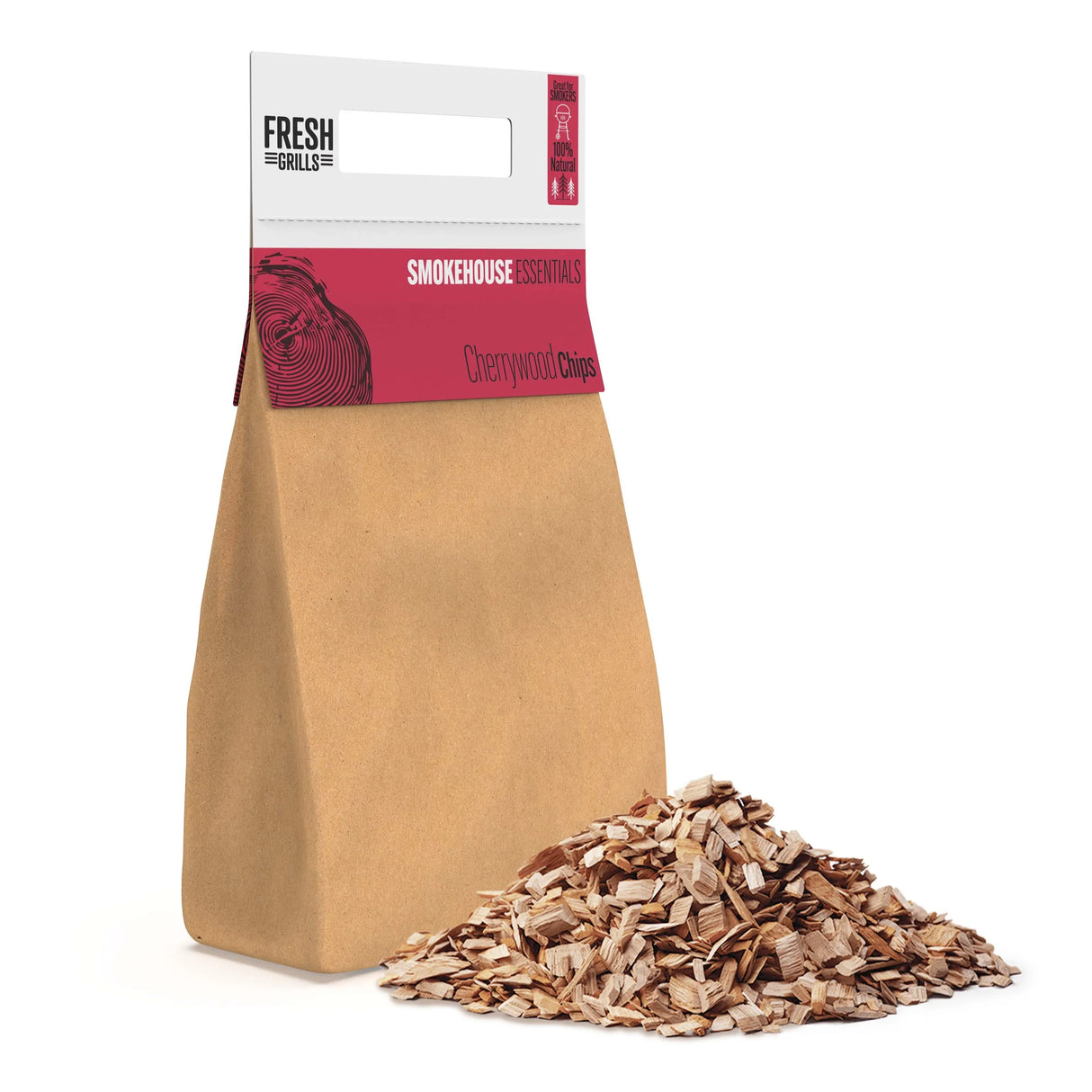 Cherrywood wood chips in a kraft paper bag, perfect for enhancing flavor in portable BBQ grilling, showcasing a natural texture and light brown color