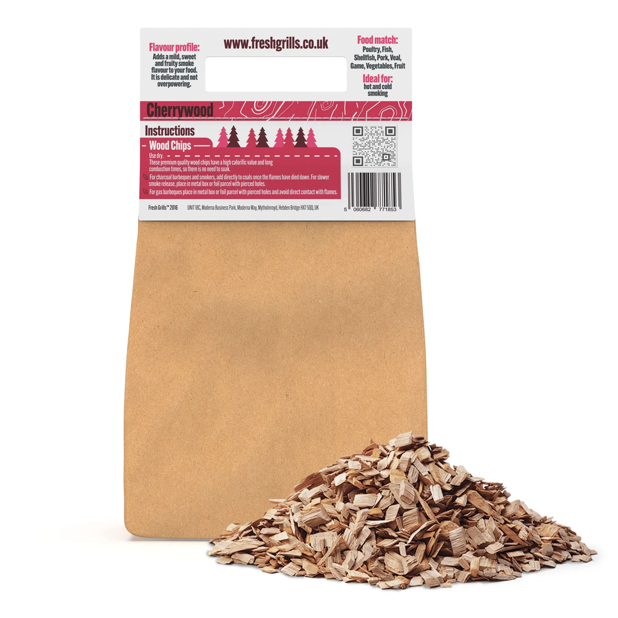 Cherrywood wood chips for portable BBQ, featuring a light brown color and fine texture, ideal for enhancing smoky flavors in grilling